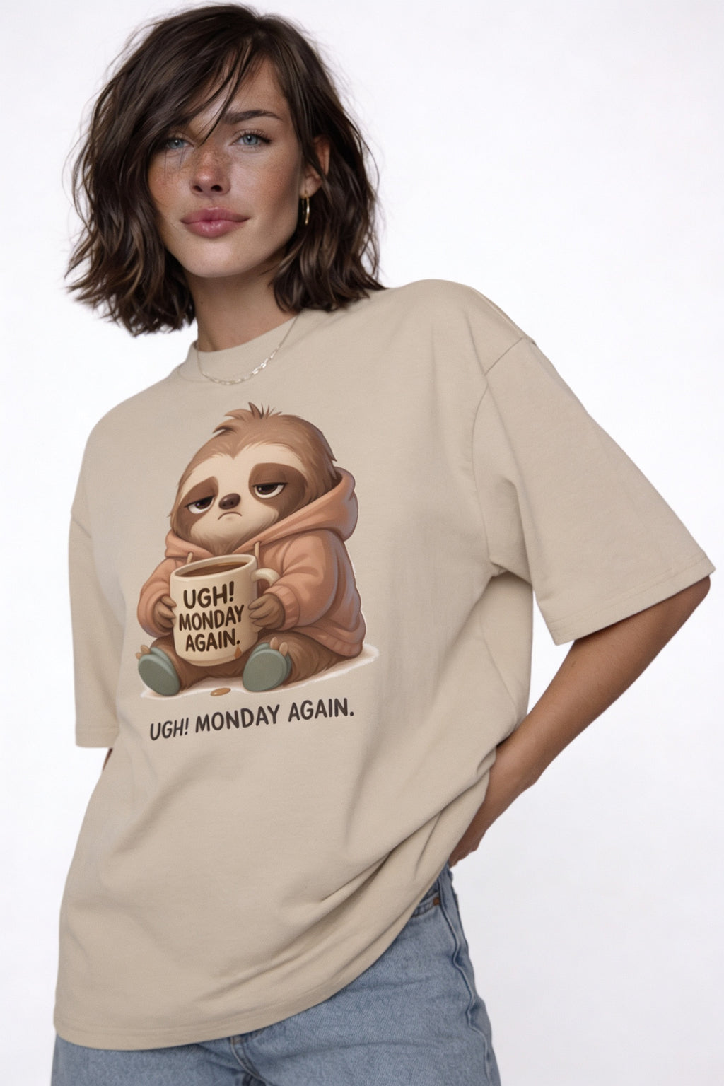 Woman wearing beige oversized casual t-shirt with cute sloth coffee monday graphic, relaxed everyday outfit