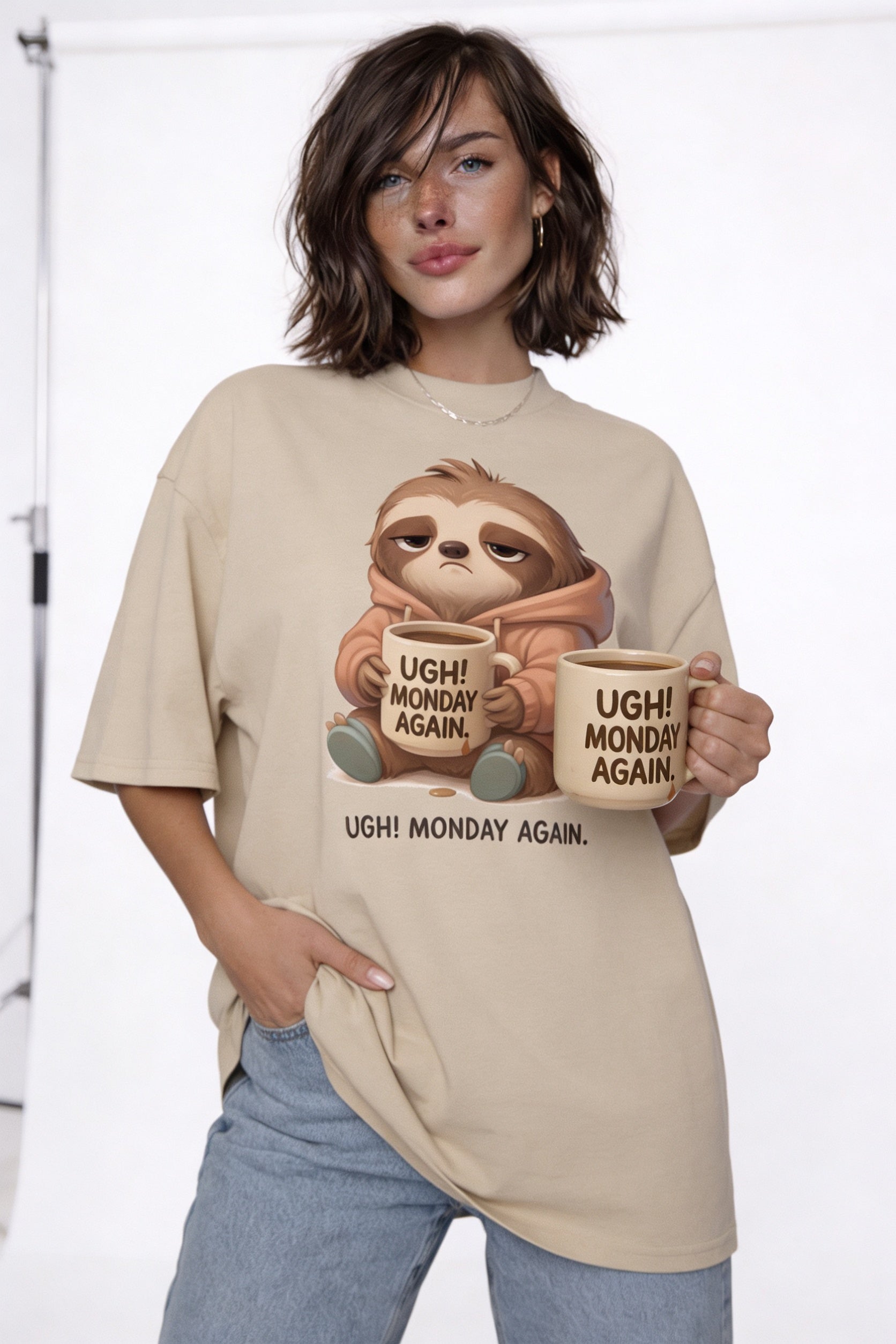 Woman wearing beige oversized casual t-shirt with cute sloth coffee monday graphic, relaxed everyday outfit