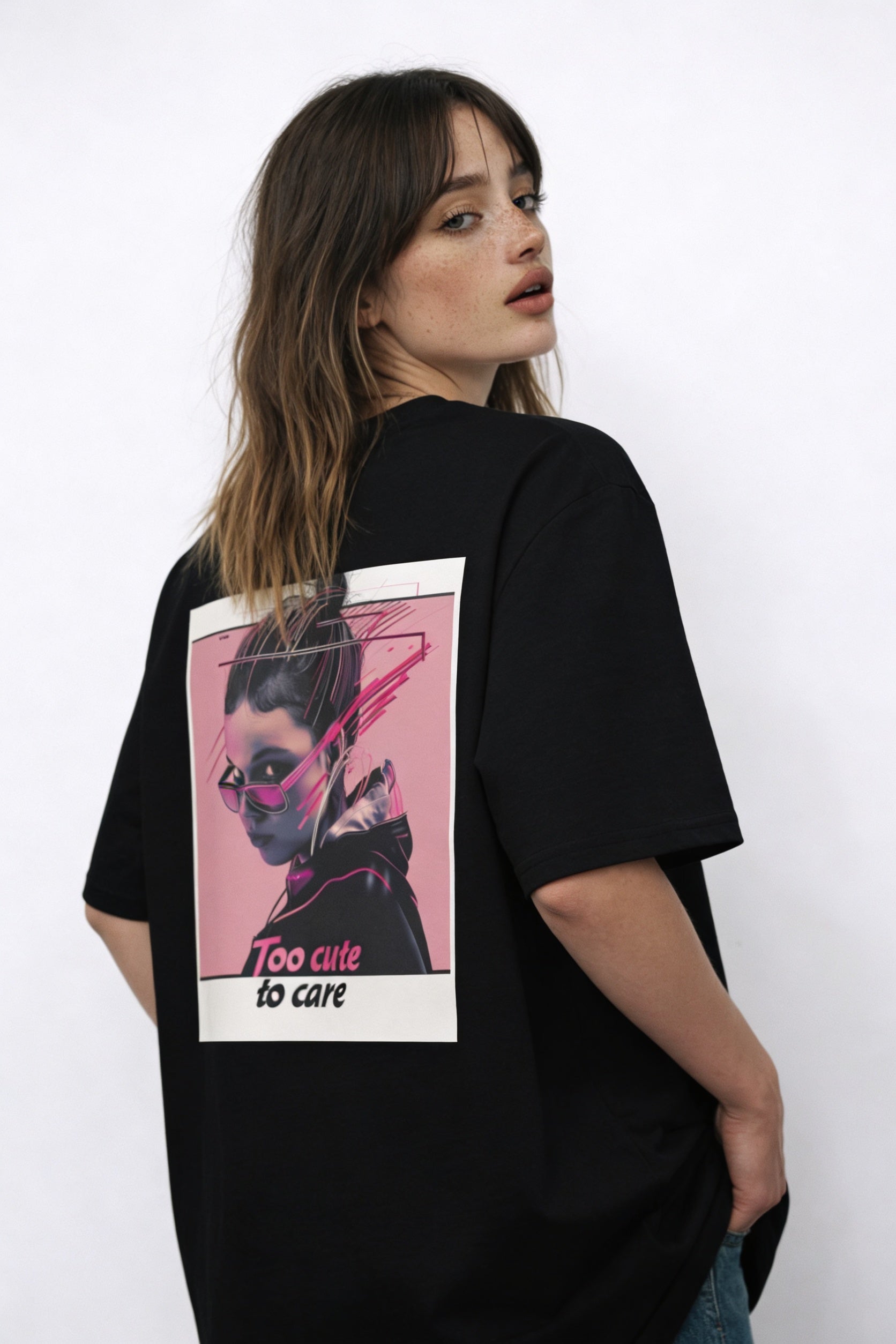 Female model posing in relaxed urban outfit wearing black graphic tee with pastel editorial artwork