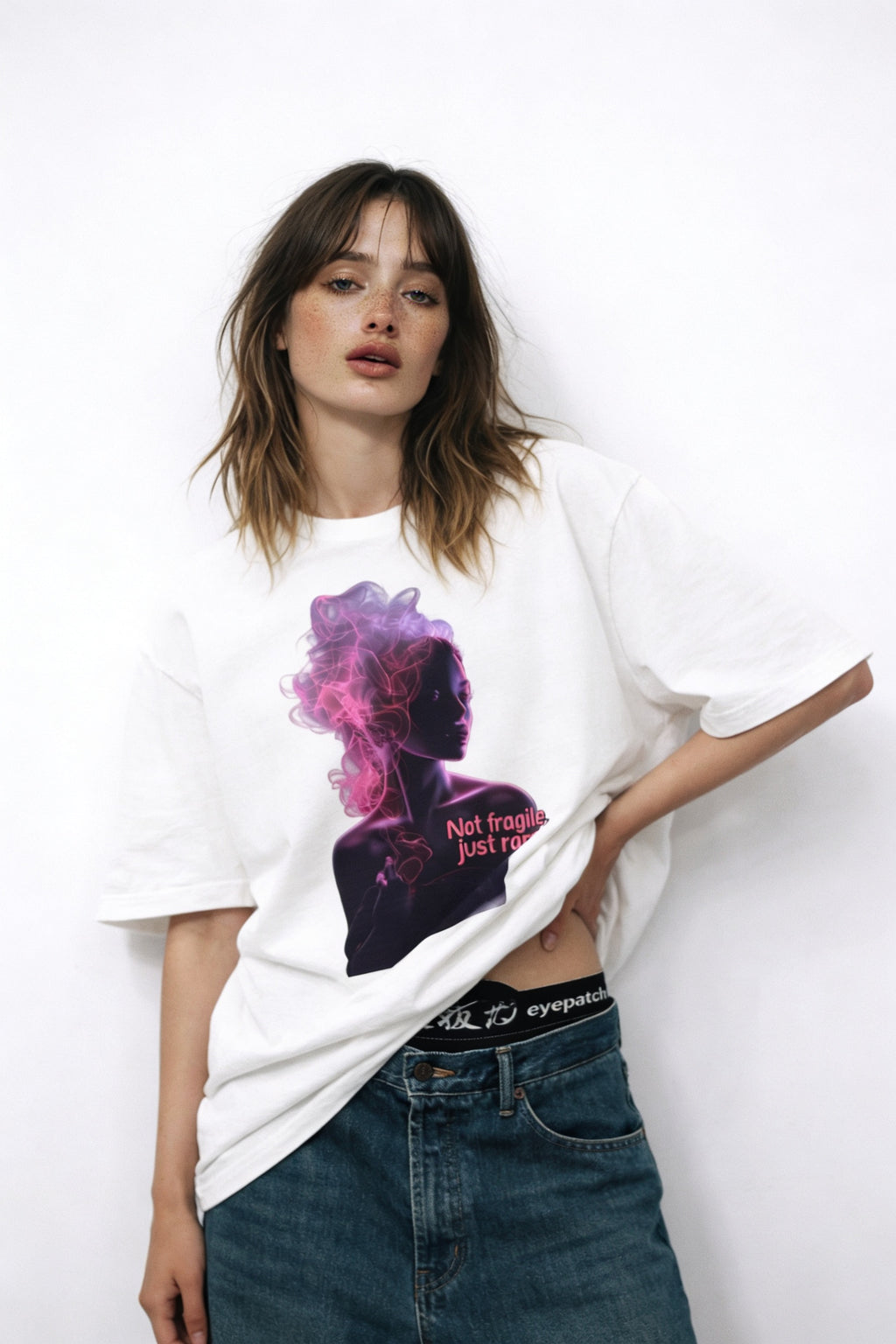 Woman wearing oversized white graphic t-shirt with neon smoke portrait and not fragile just rare slogan
