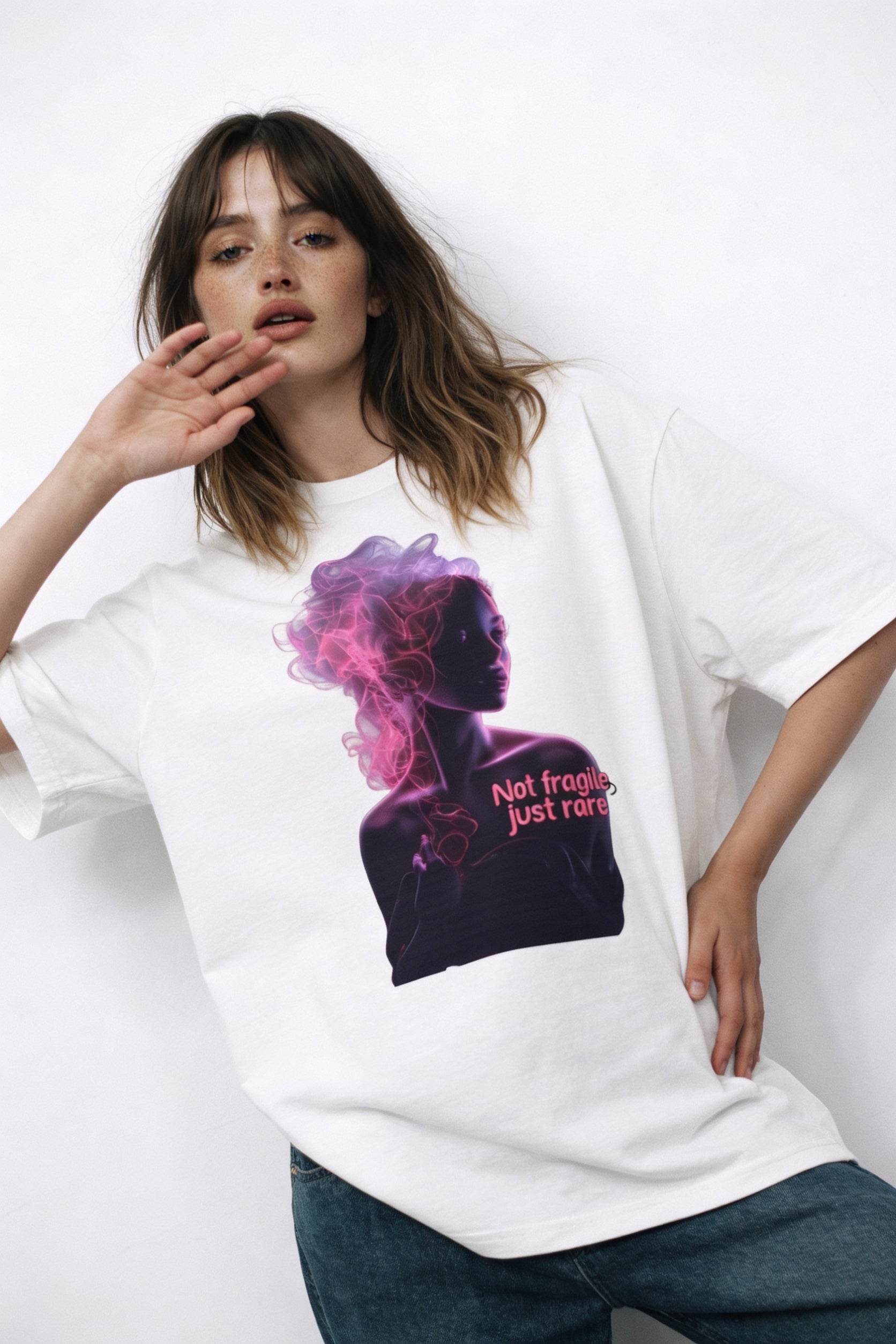 Female model styling relaxed streetwear oversized statement tee