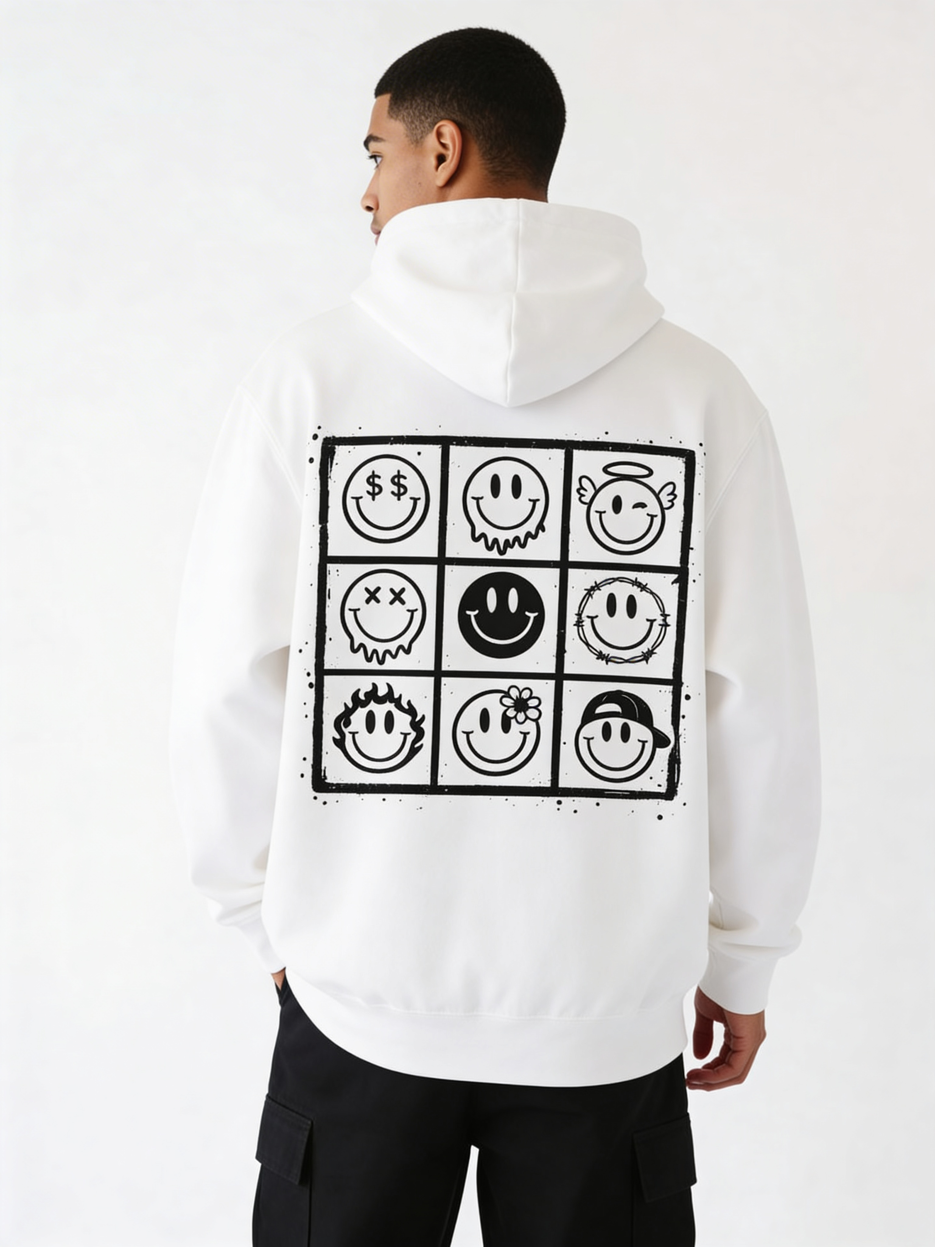 Noiré white oversized hoodie back view with large 9-panel smiley face graphic grid print, worn by male model, streetwear statement hoodie.