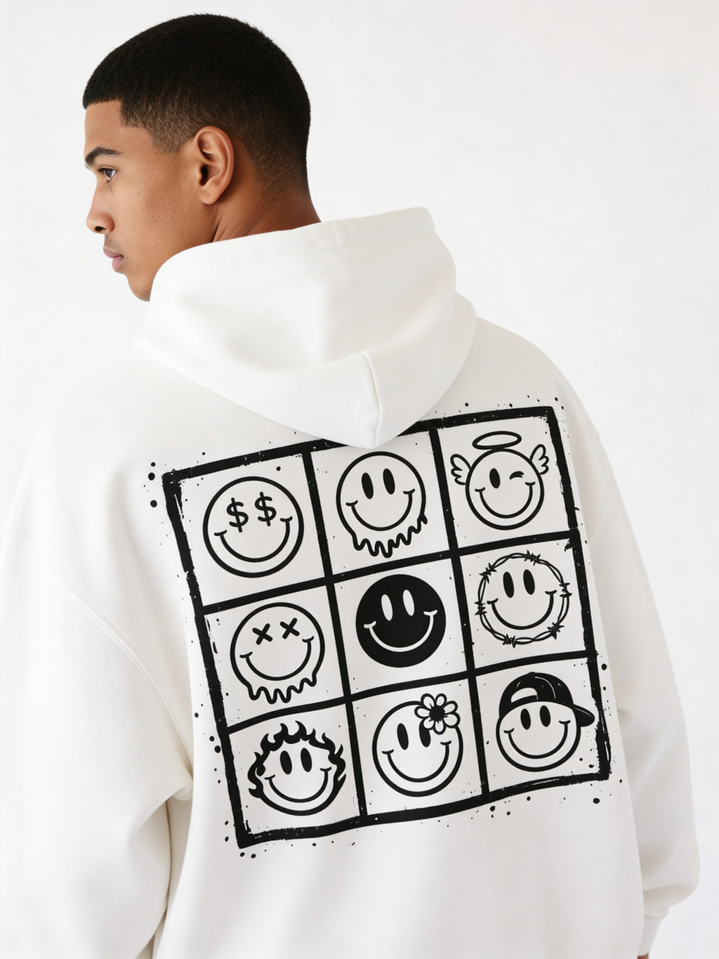 Noiré white oversized hoodie back view with large 9-panel smiley face graphic grid print, worn by male model, streetwear statement hoodie.