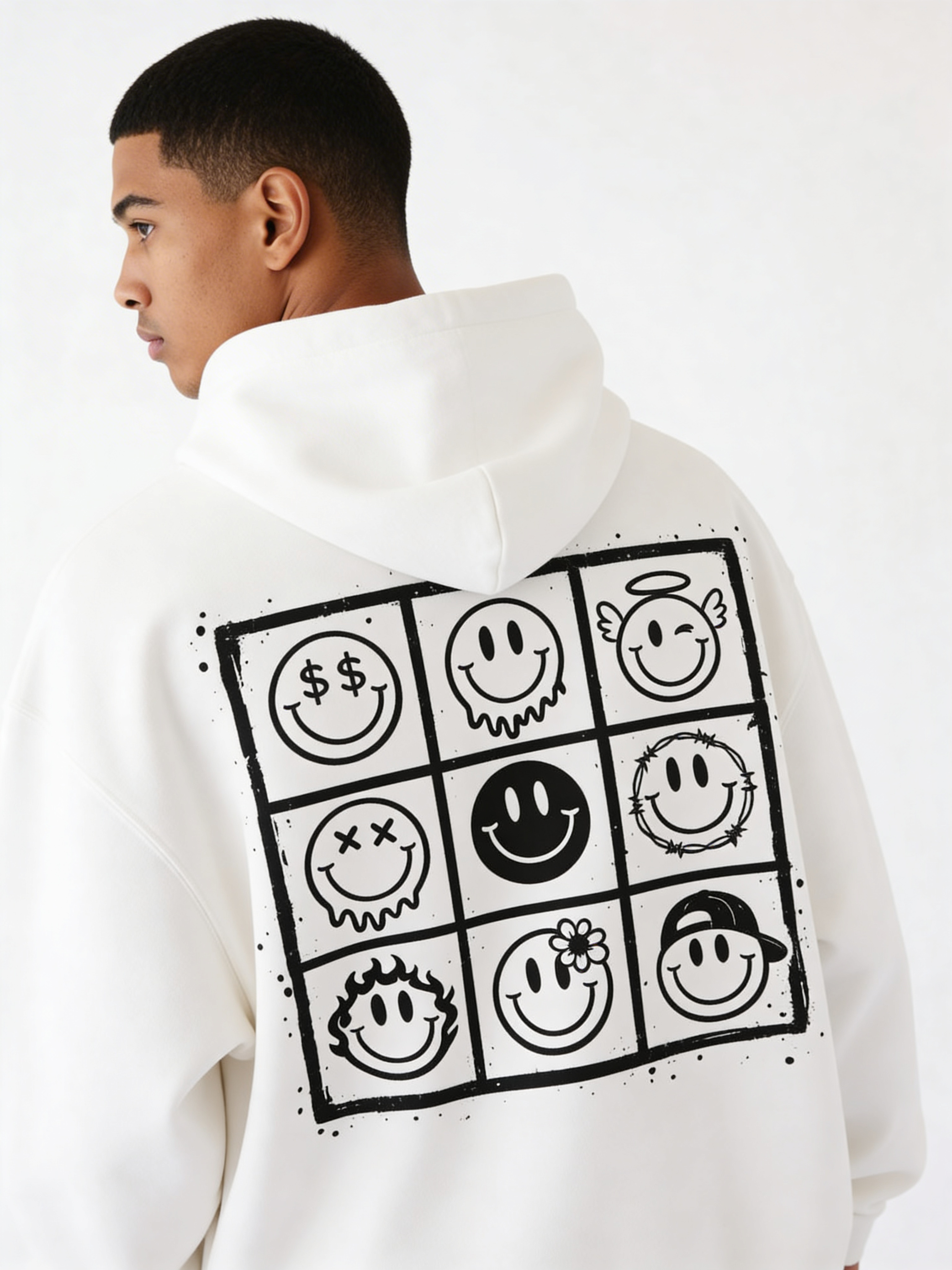 Noiré white oversized hoodie back view with large 9-panel smiley face graphic grid print, worn by male model, streetwear statement hoodie.