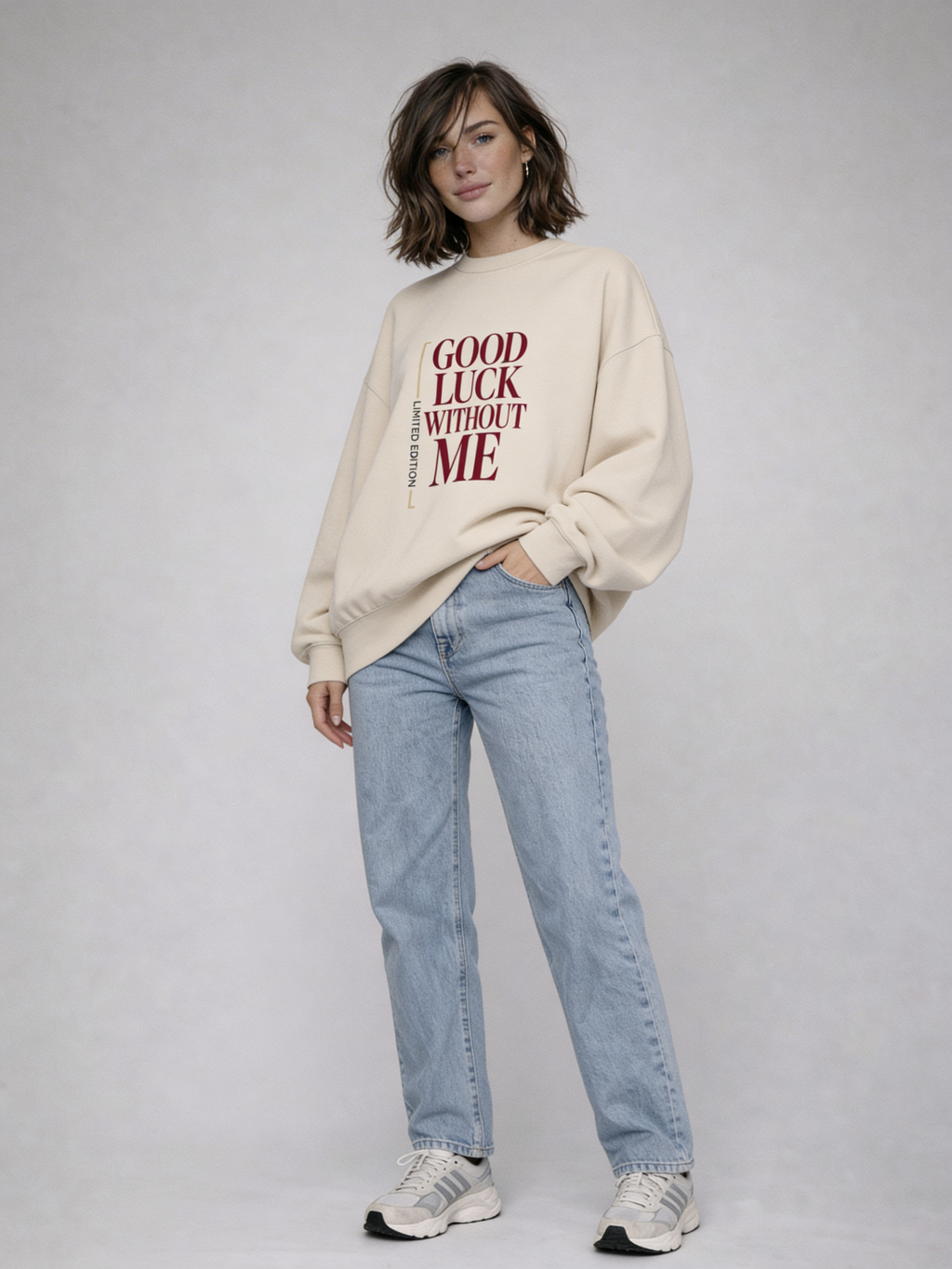 Female model wearing beige oversized Noiré sweatshirt with “Good Luck Without Me” print, full-body front view, streetwear styling.