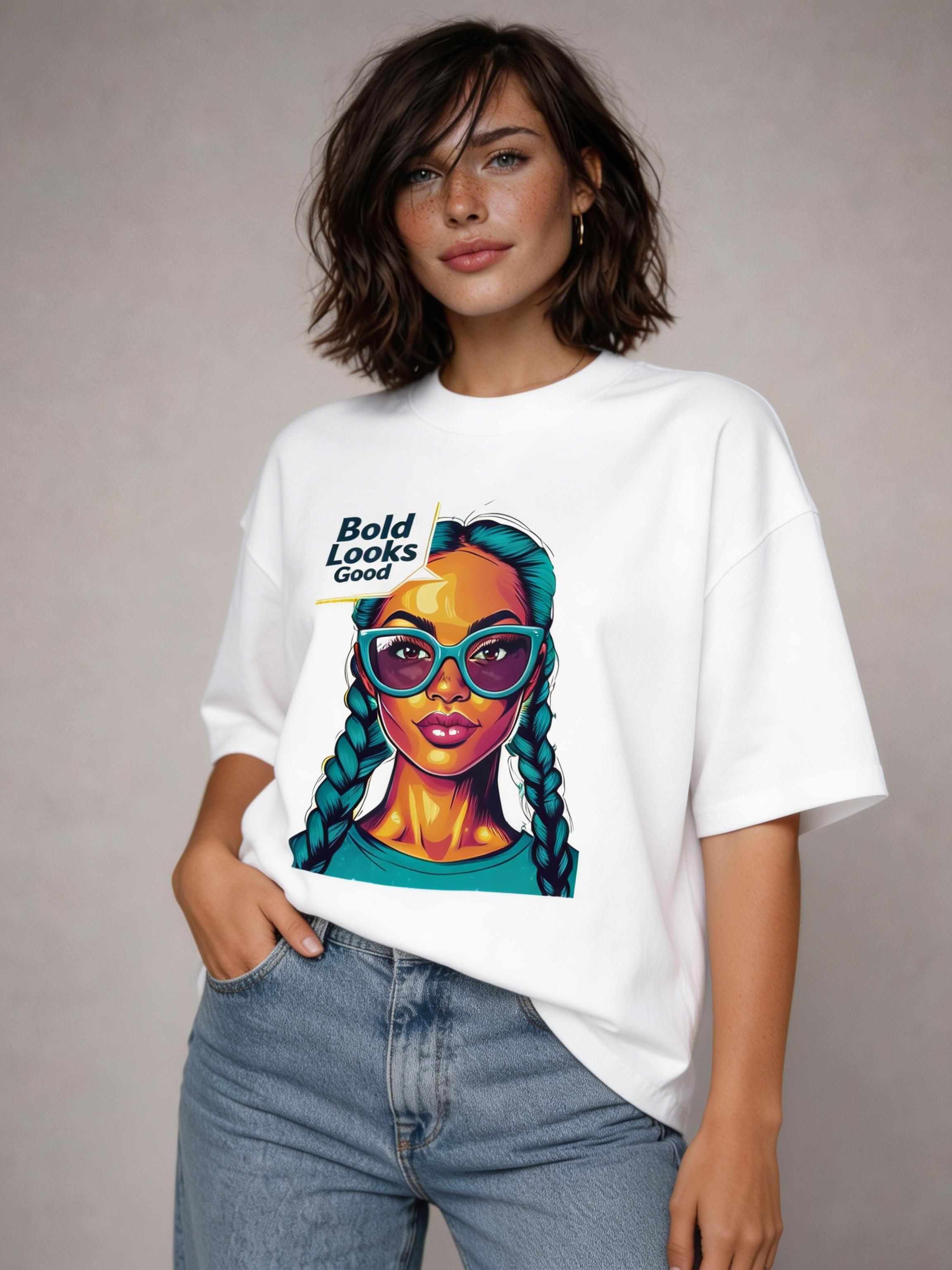 Woman wearing white oversized graphic t-shirt with colorful illustrated girl print and “Bold Looks Good” typography, styled with light wash jeans, modern women’s streetwear outfit.