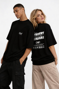 Male and female models wearing oversized black streetwear graphic t shirt with Silent Struggles front logo and Introvert typography back design