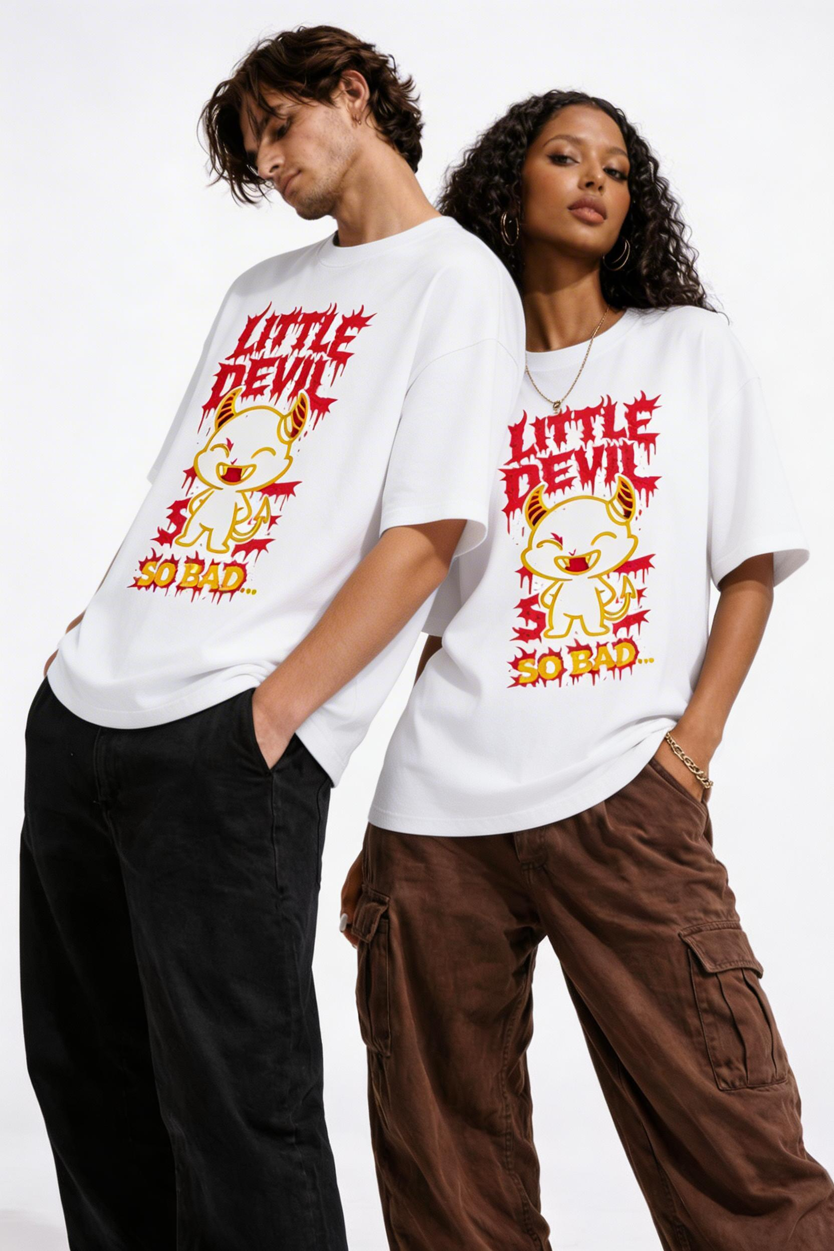 Streetwear couple wearing oversized white graphic t shirt with Little Devil So Bad cartoon devil character print
