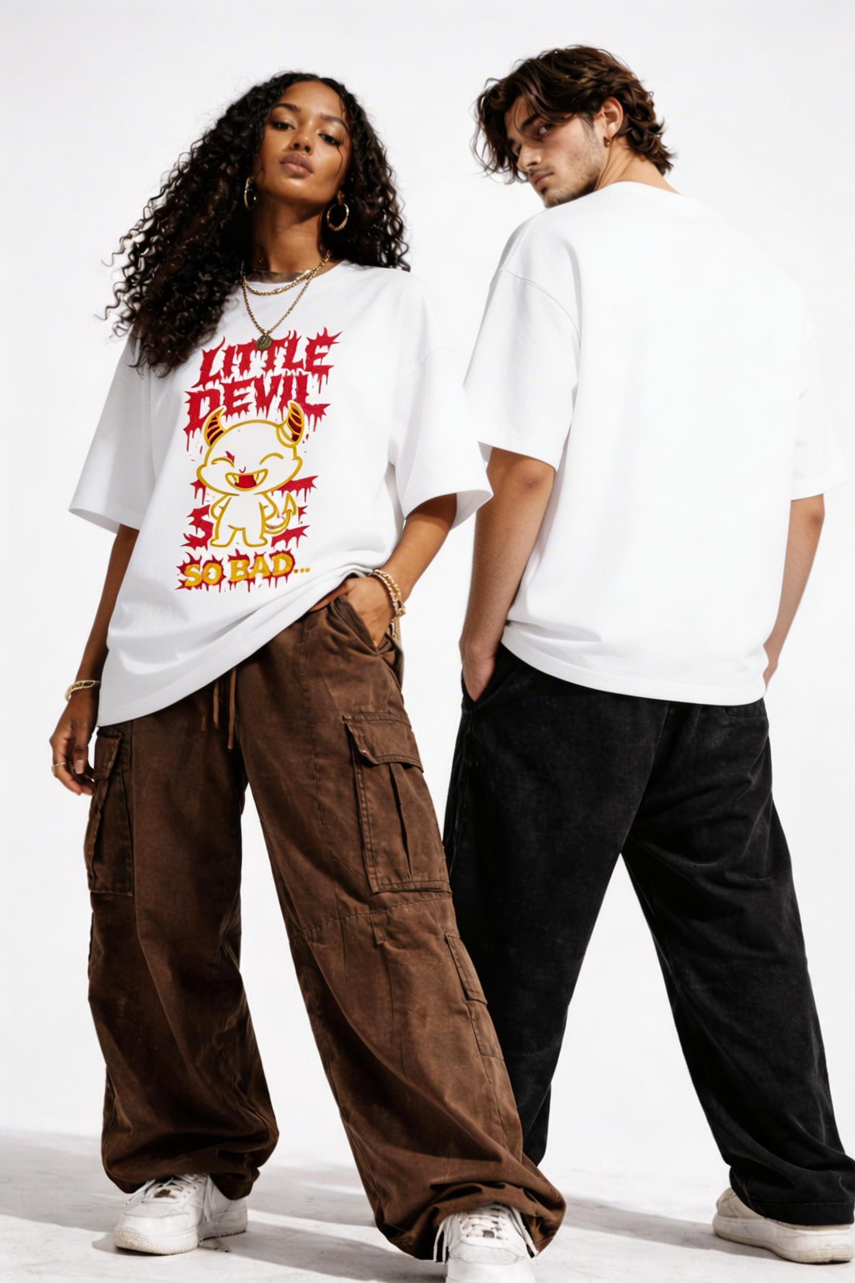 Oversized white streetwear graphic t shirt front design Little Devil So Bad with back view shown on male model
