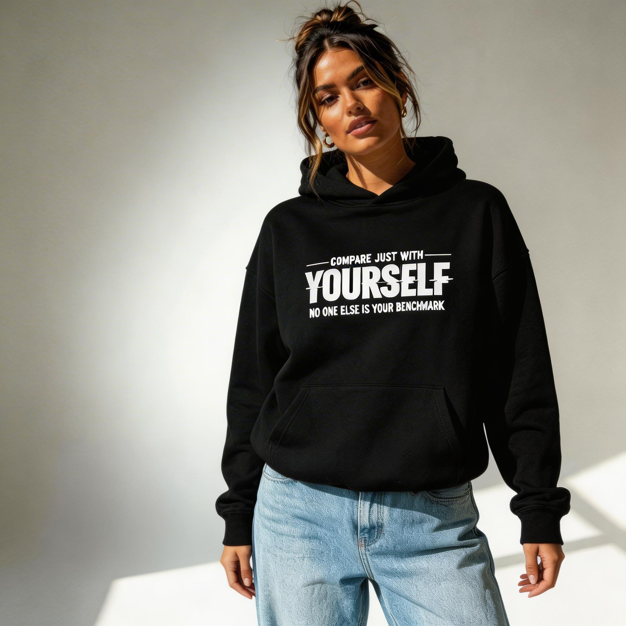 female model standing pose wearing oversized black motivational hoodie typography streetwear outfit
