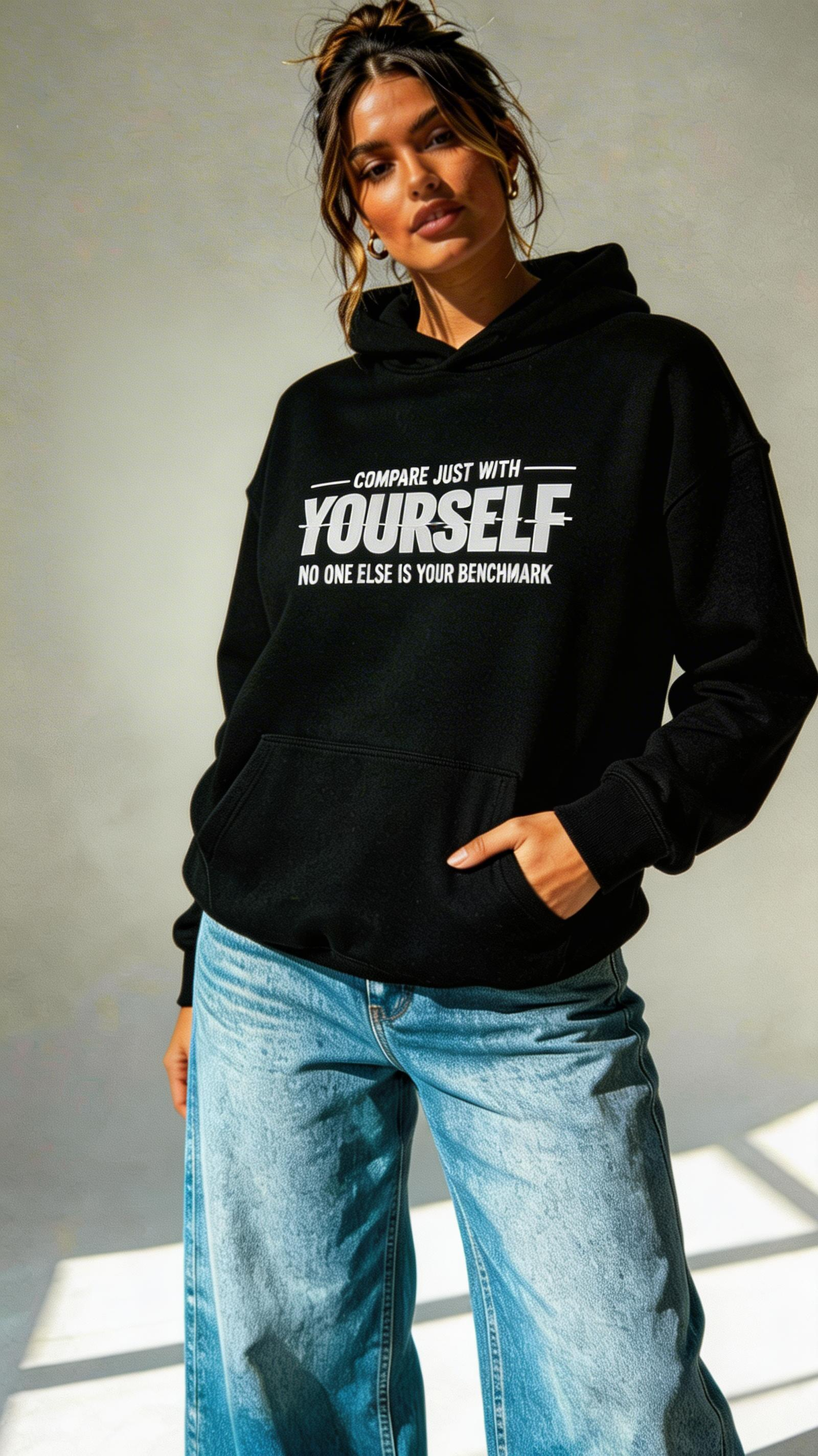 female model relaxed pose wearing oversized black graphic hoodie compare yourself quote design streetwear clothing