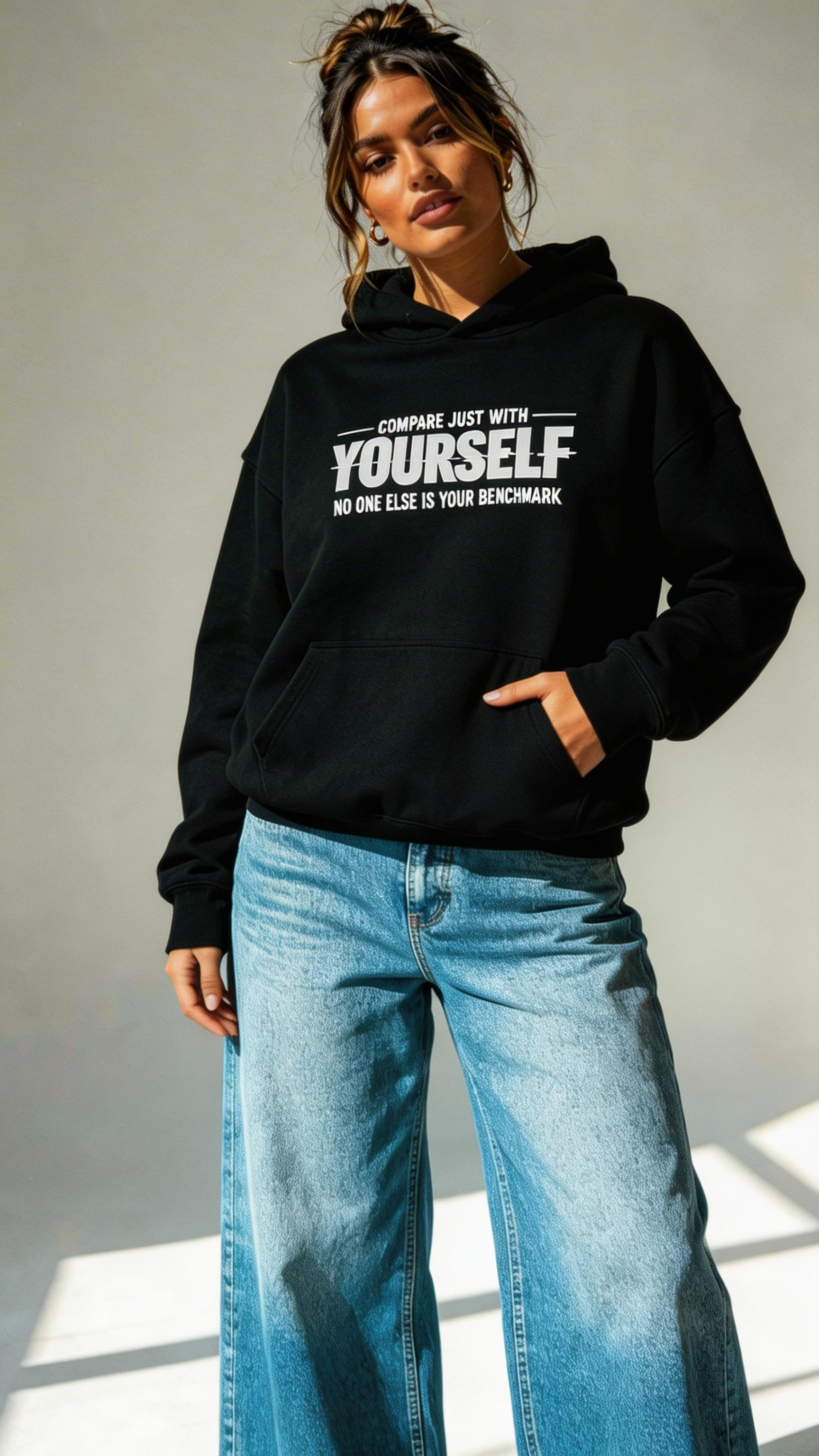 female model relaxed pose wearing oversized black graphic hoodie compare yourself quote design streetwear clothing
