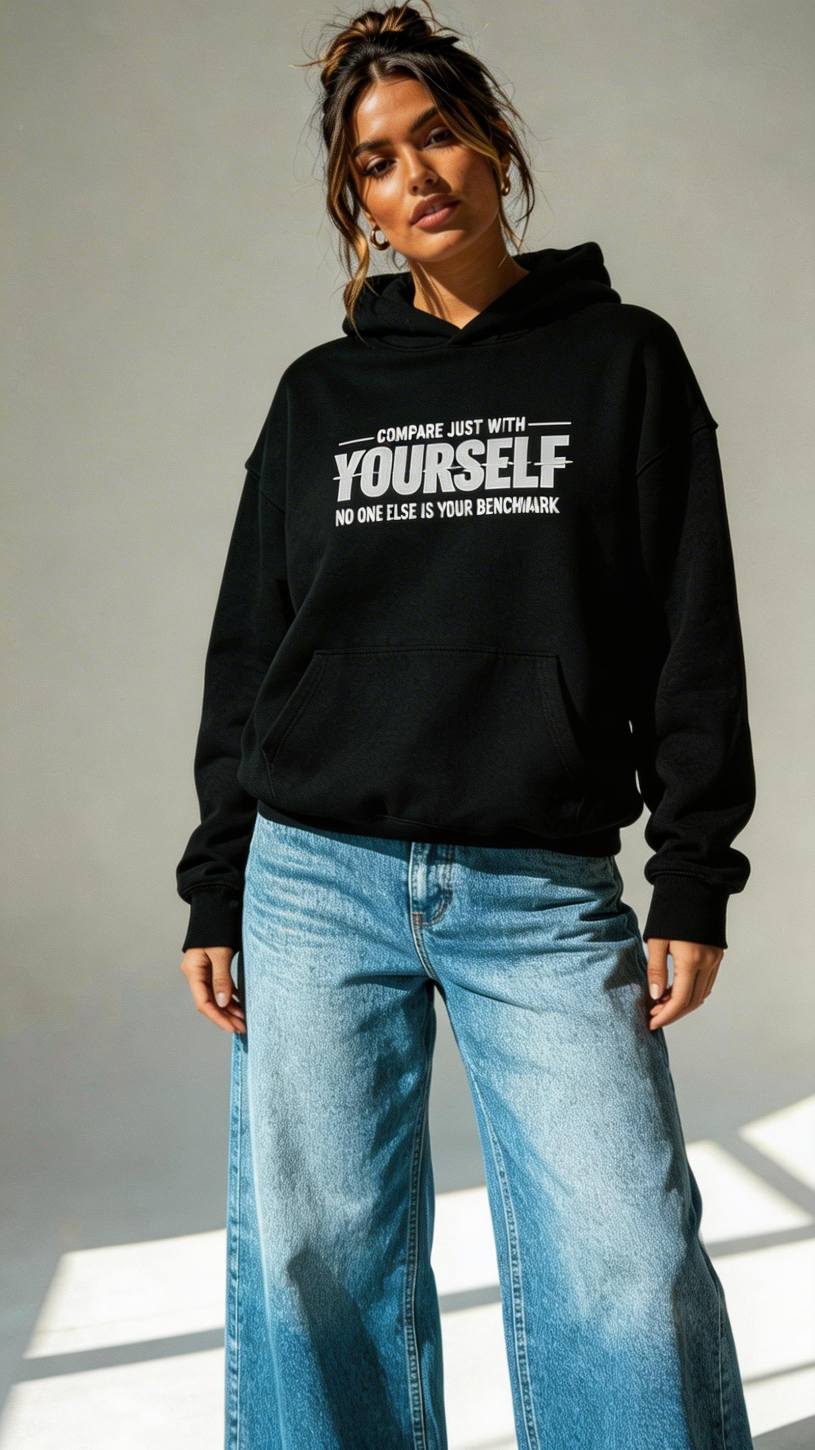 female model front pose wearing oversized black graphic hoodie compare yourself motivational quote streetwear fashion