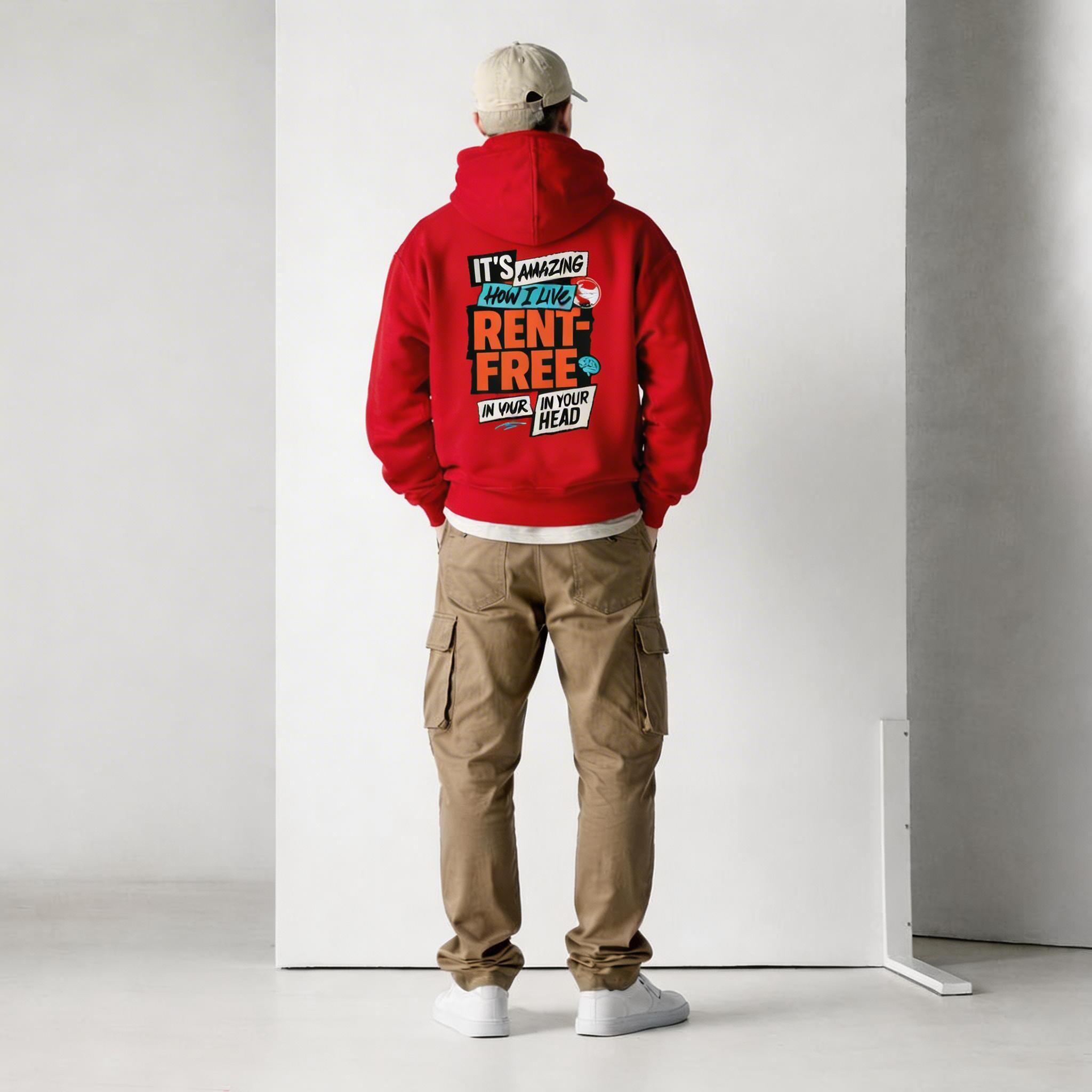 male model full body back view wearing oversized red streetwear hoodie with bold graphic print