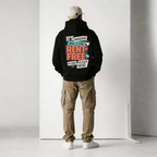 male model back view wearing oversized black hoodie with rent free typography graphic design