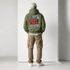 male model back view wearing oversized green hoodie with rent free graphic typography streetwear fashion