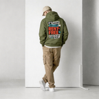 male model wearing oversized green hoodie casual streetwear outfit