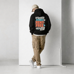male model  wearing oversized black hoodie urban streetwear style