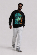 male model walking front view wearing oversized black graphic sweatshirt headphone character illustration streetwear look