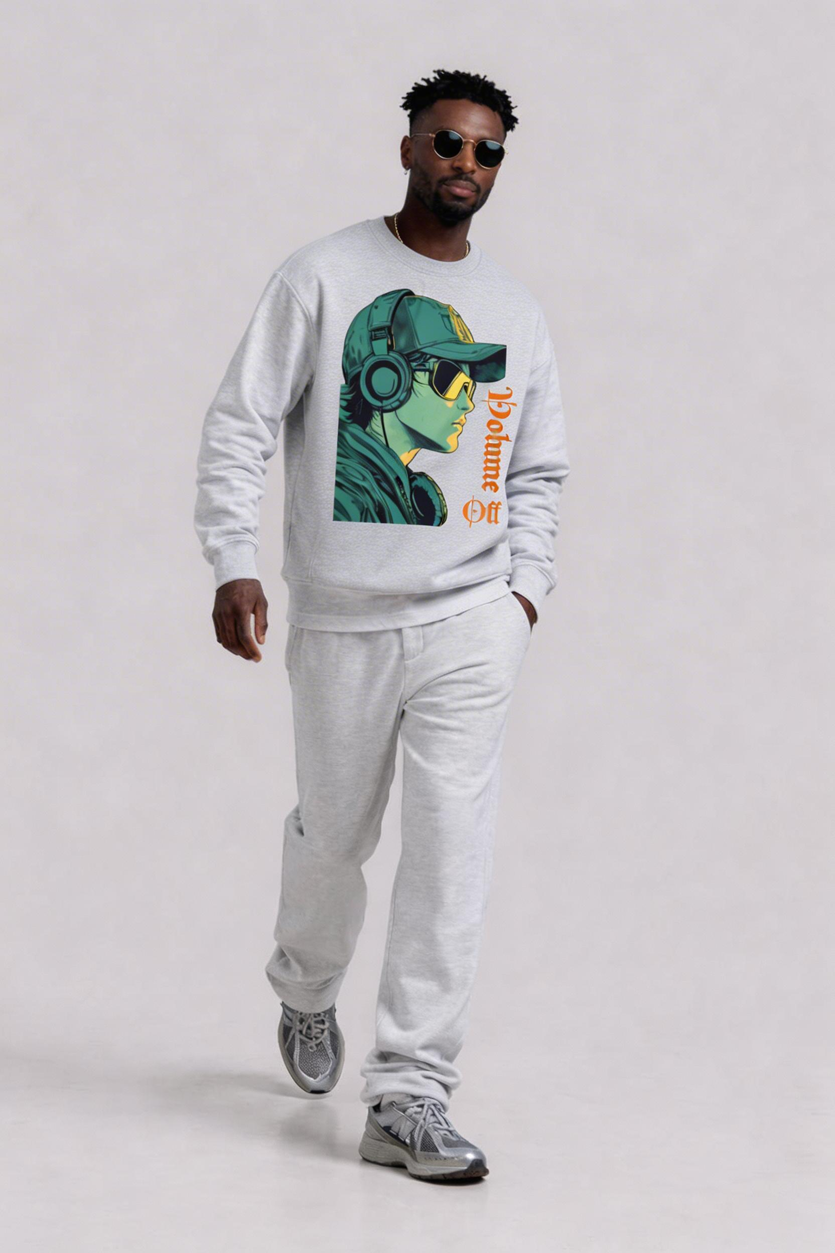 male model walking front view wearing oversized grey graphic sweatshirt headphone character illustration streetwear look