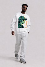 male model walking front view wearing oversized white graphic sweatshirt headphone character illustration streetwear look
