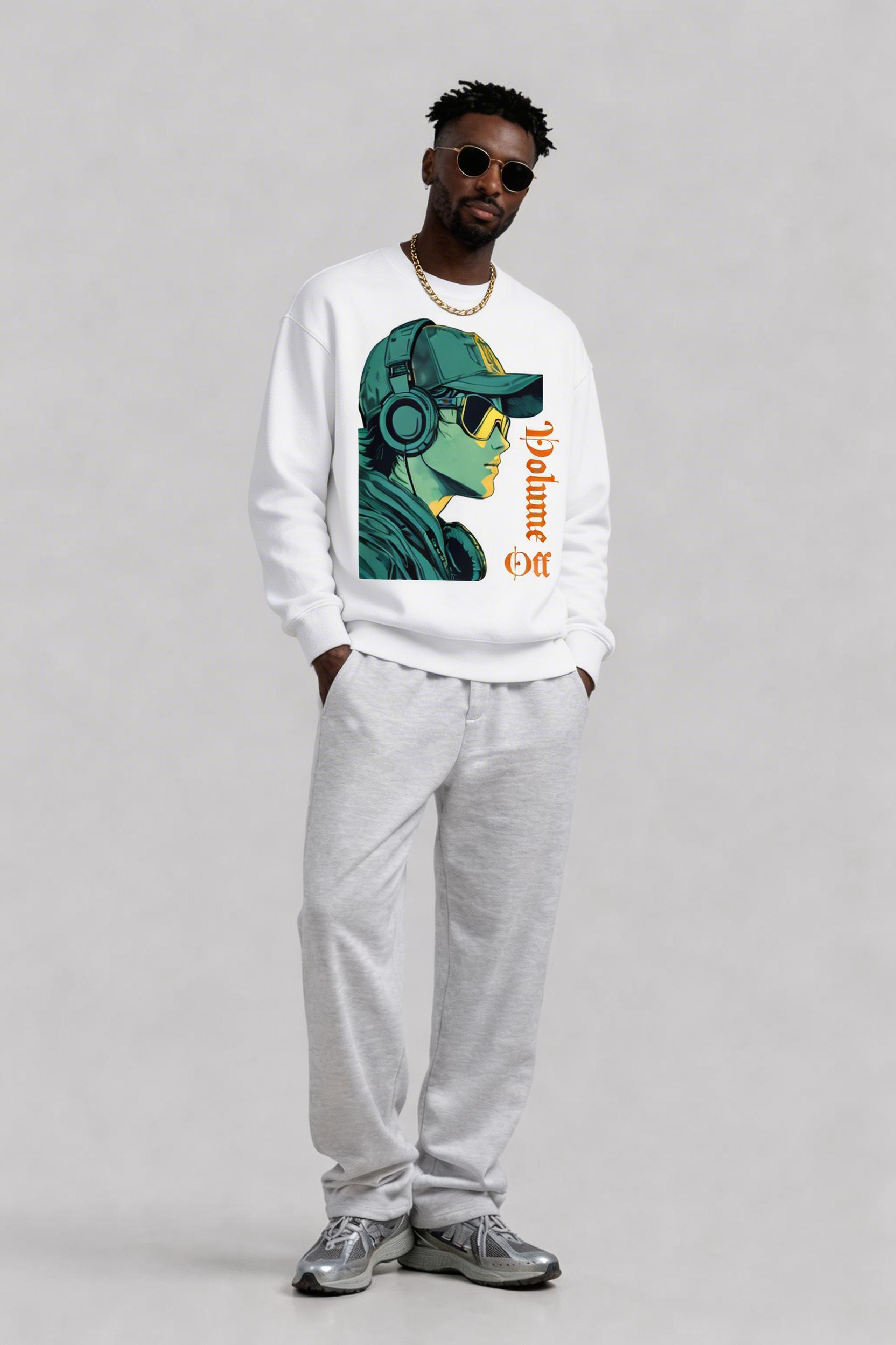 male model standing front pose wearing oversized white streetwear sweatshirt with colorful graphic print modern outfit