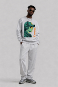 male model standing front pose wearing oversized grey streetwear sweatshirt with anime headphone graphic design