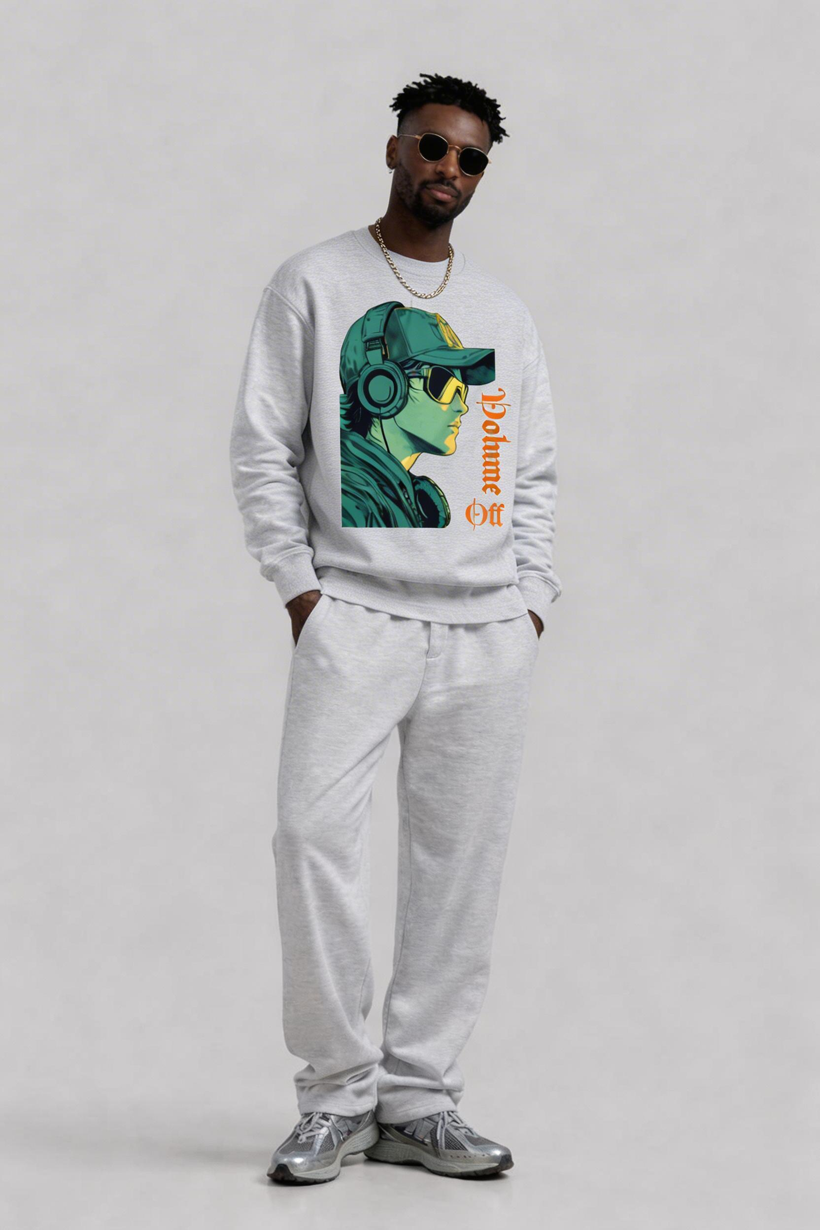 male model standing front pose wearing oversized grey streetwear sweatshirt with anime headphone graphic design