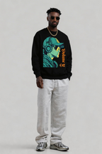male model standing front pose wearing oversized black sweatshirt with headphone character graphic streetwear outfit