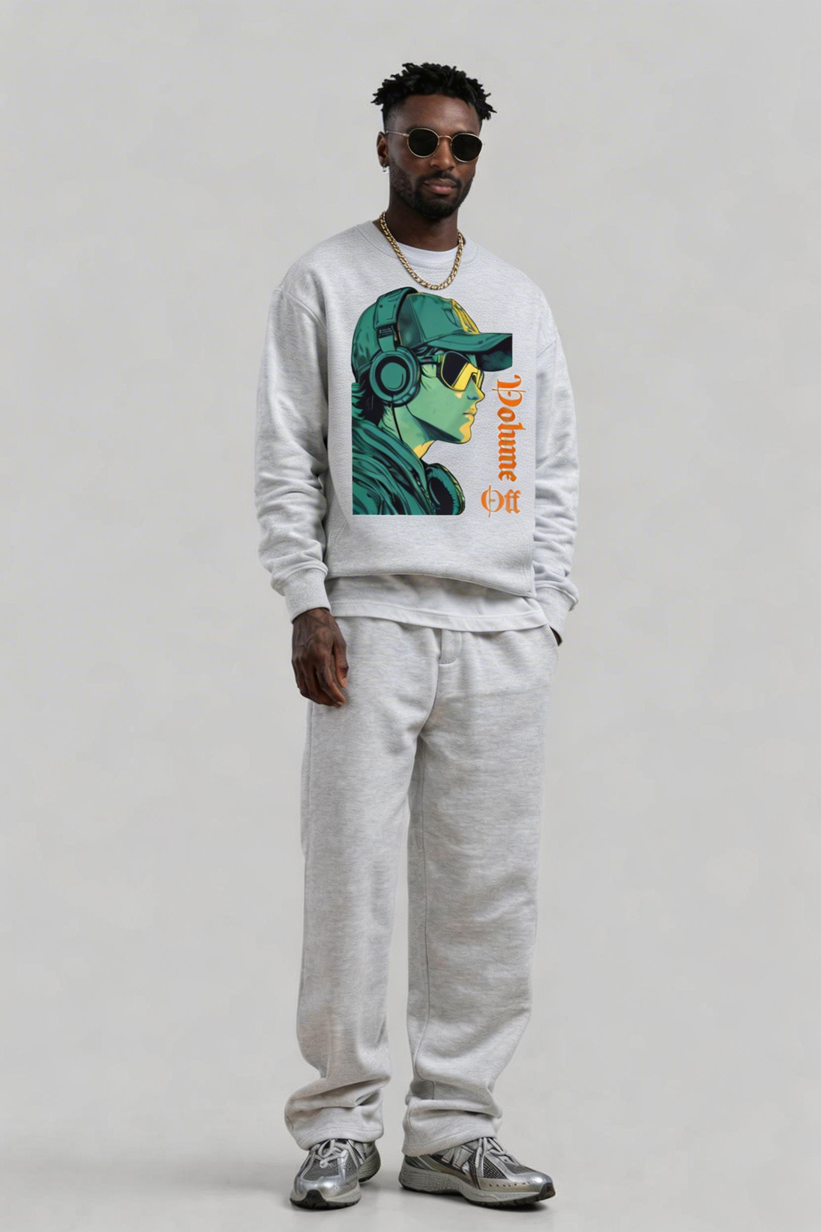 male model standing relaxed pose wearing oversized grey sweatshirt with bold graphic print urban streetwear outfit