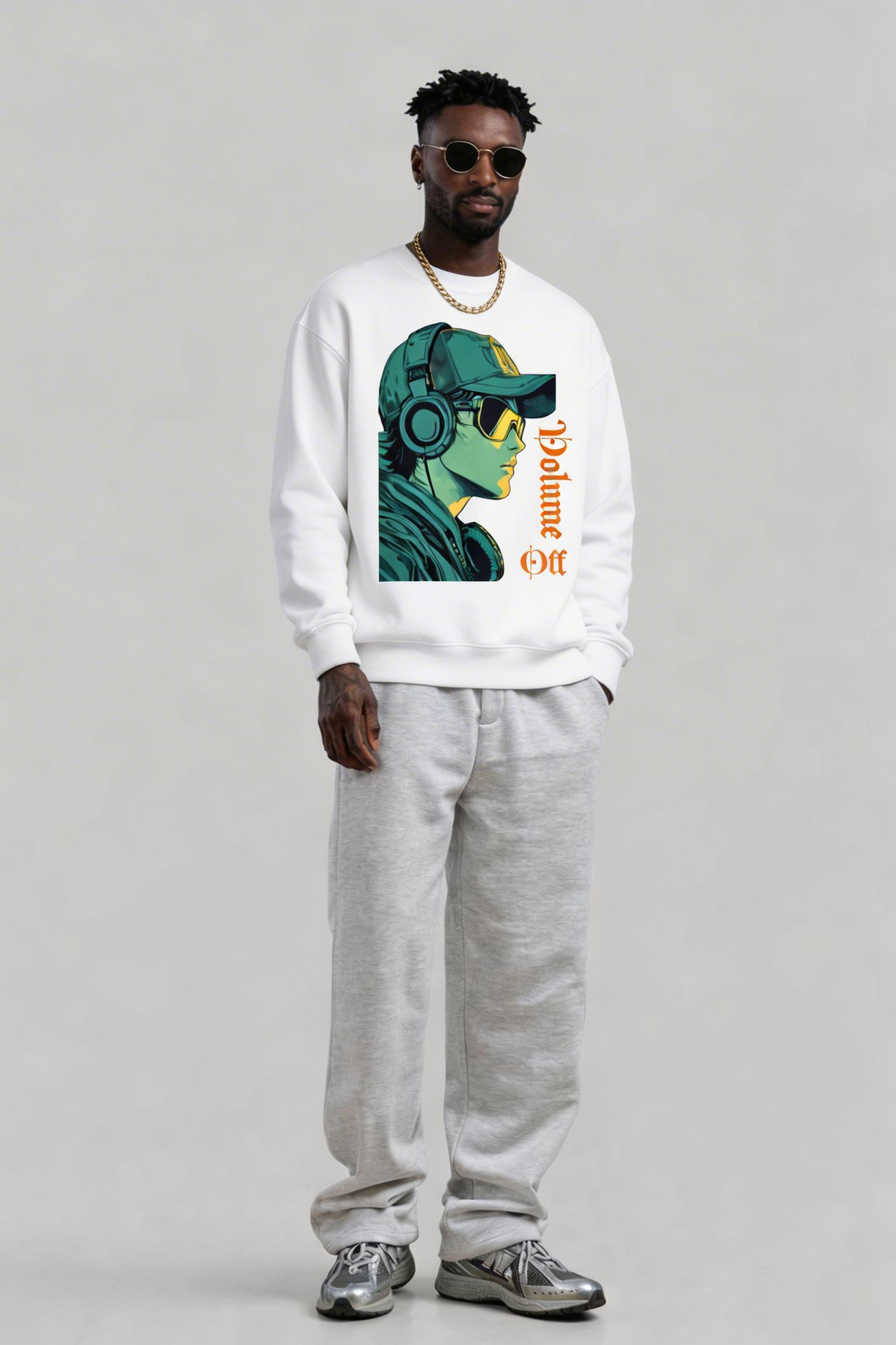 male model studio pose wearing oversized white sweatshirt graphic design urban streetwear fashion full body