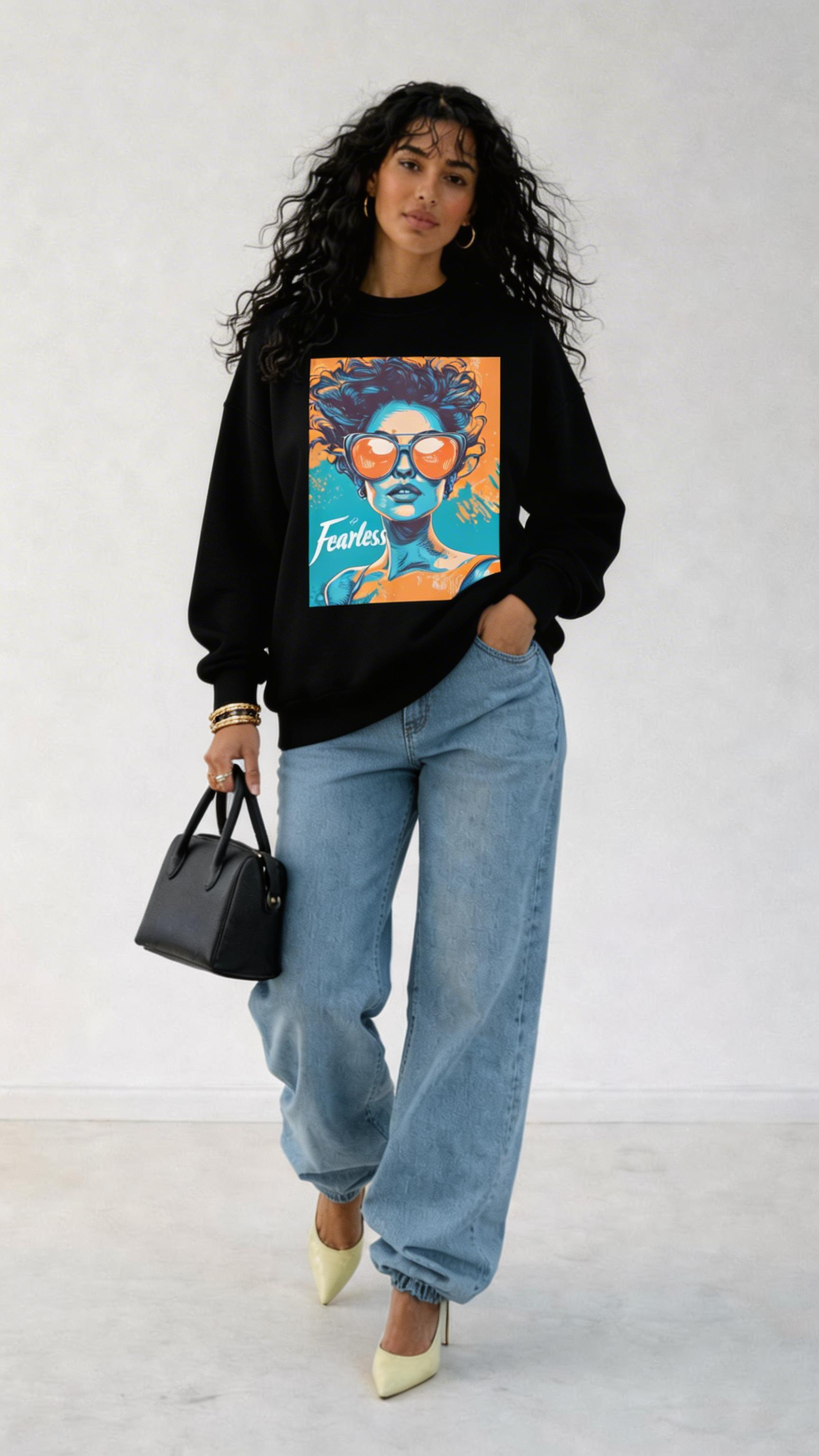 female model walking forward wearing oversized black sweatshirt fearless graphic print urban streetwear outfit