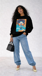 female model front pose wearing oversized black sweatshirt with colorful fearless graphic urban streetwear style