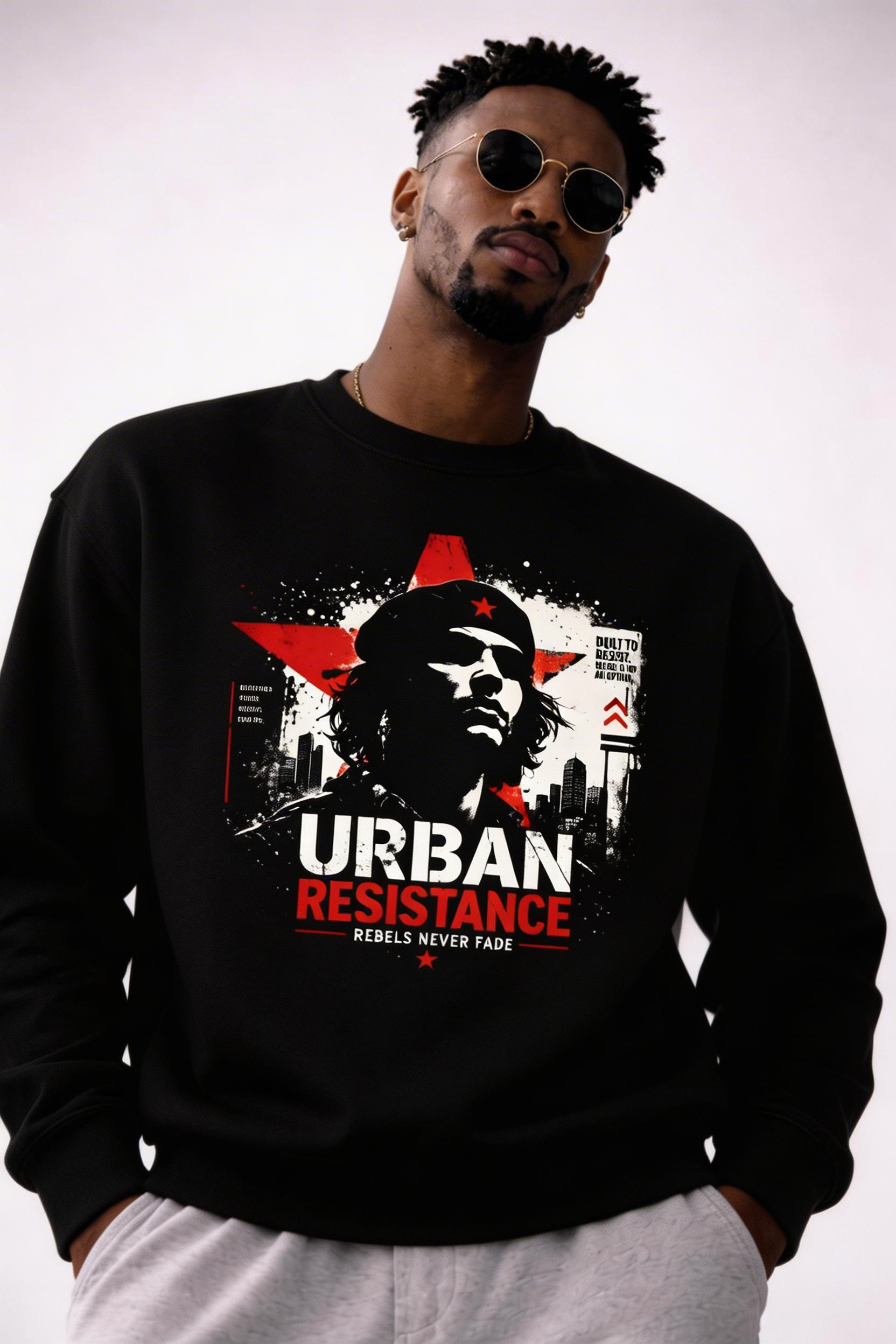 male model close up wearing oversized black graphic sweatshirt urban resistance design streetwear fashion