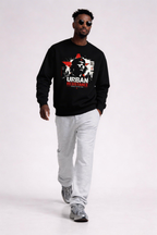 male model walking wearing black oversized graphic sweatshirt urban resistance print casual streetwear outfit