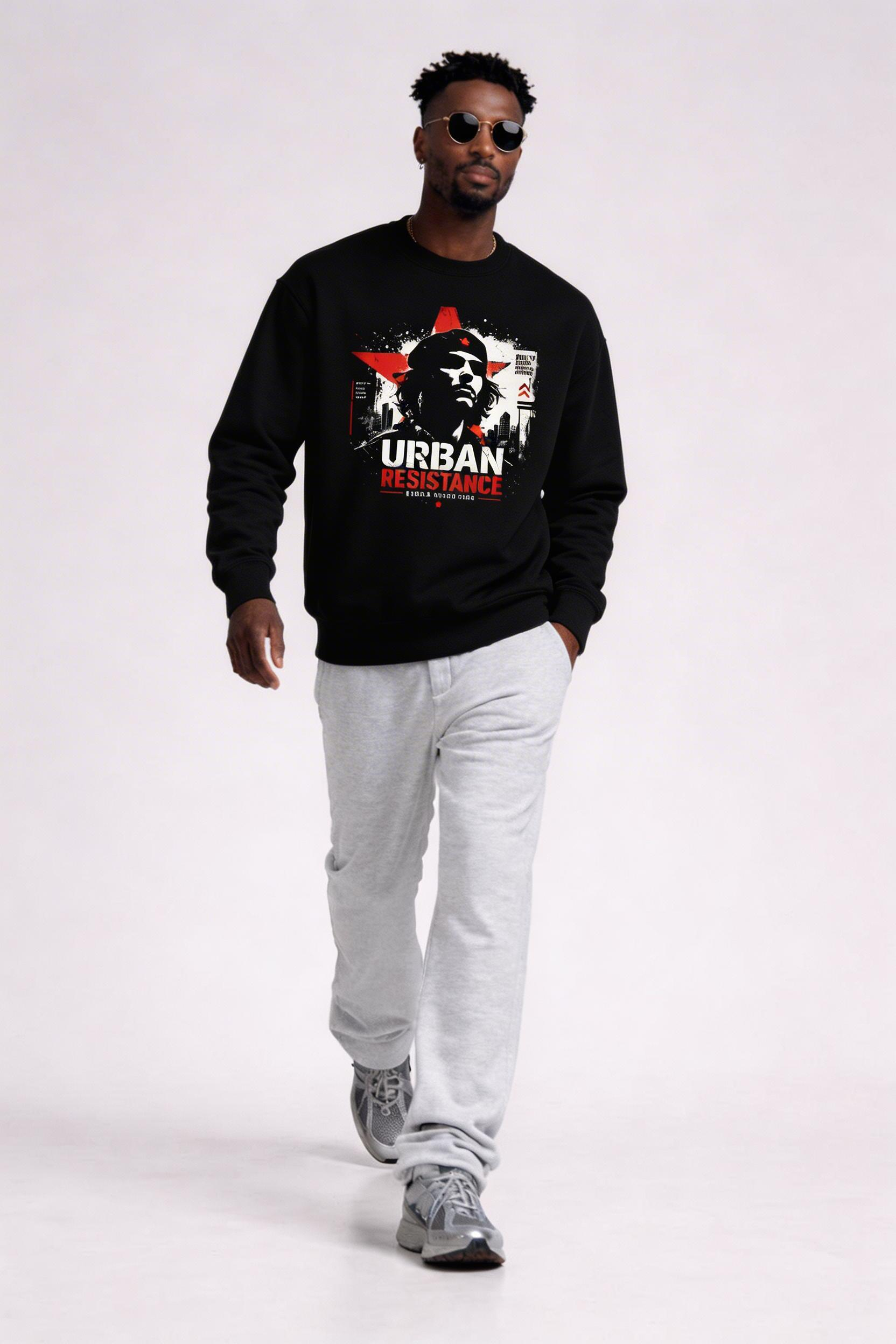 male model walking wearing black oversized graphic sweatshirt urban resistance print casual streetwear outfit