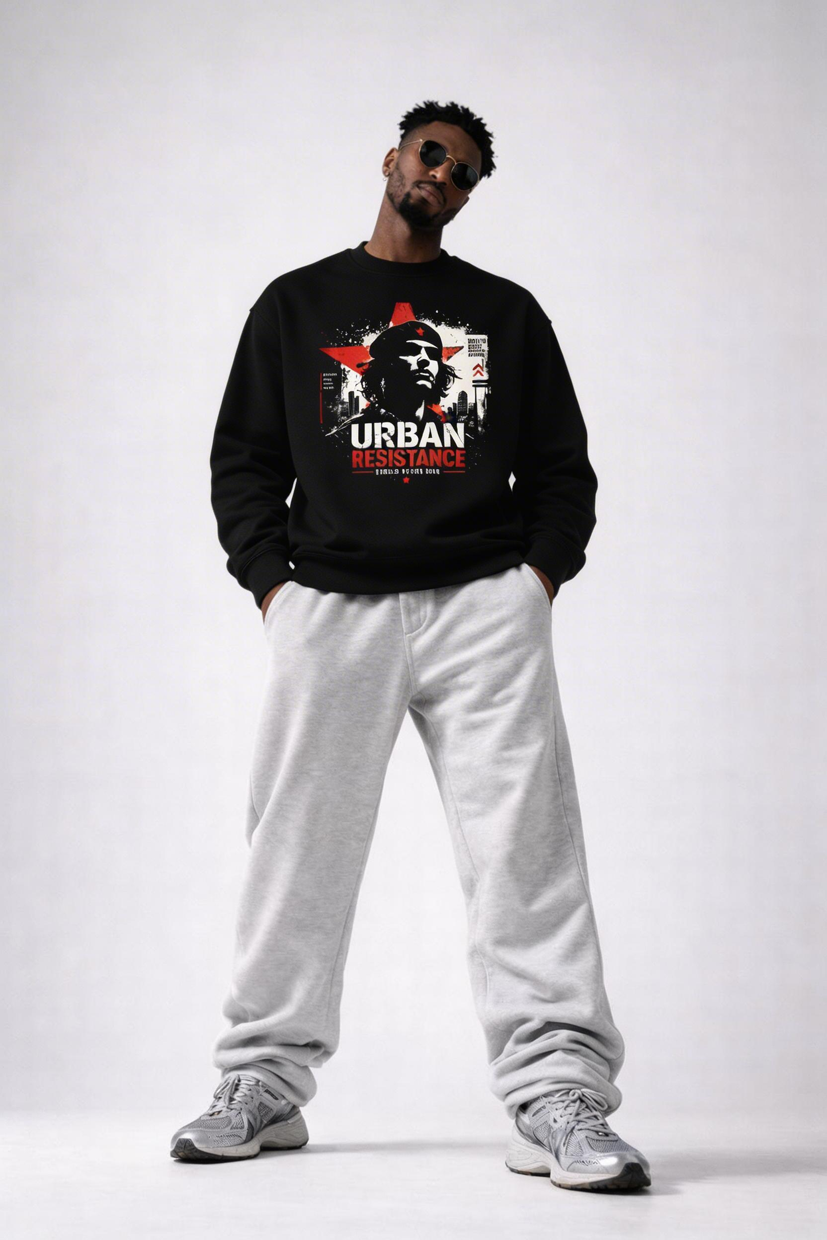 male model full body front wearing oversized black graphic sweatshirt urban resistance streetwear look