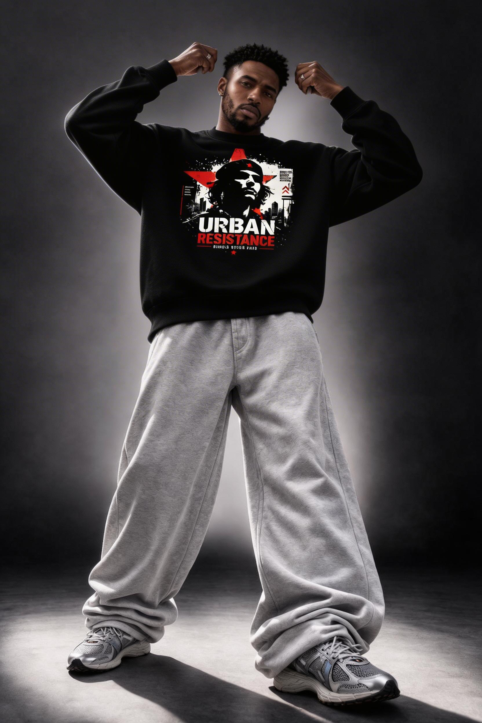 male model dramatic lighting wearing oversized black graphic sweatshirt urban resistance print premium streetwear aesthetic