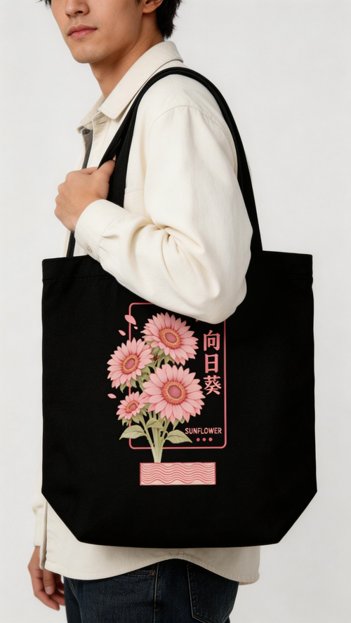 model wearing black canvas tote bag shoulder pink sunflower graphic streetwear outfit casual eco tote bag lifestyle