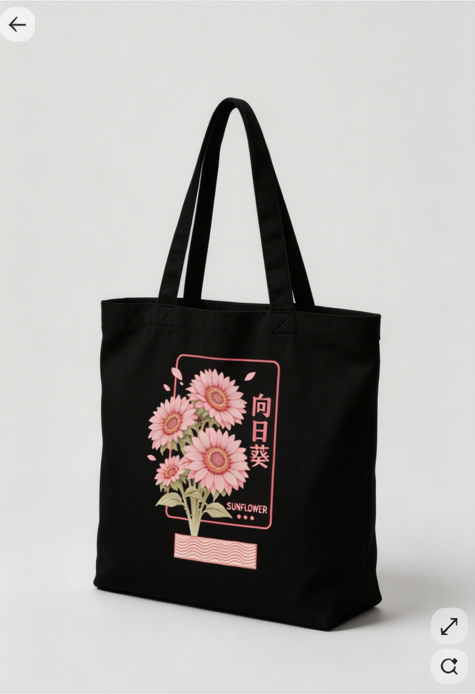 black tote bag side angle sunflower graphic pink flowers aesthetic streetwear accessory eco canvas bag minimal design