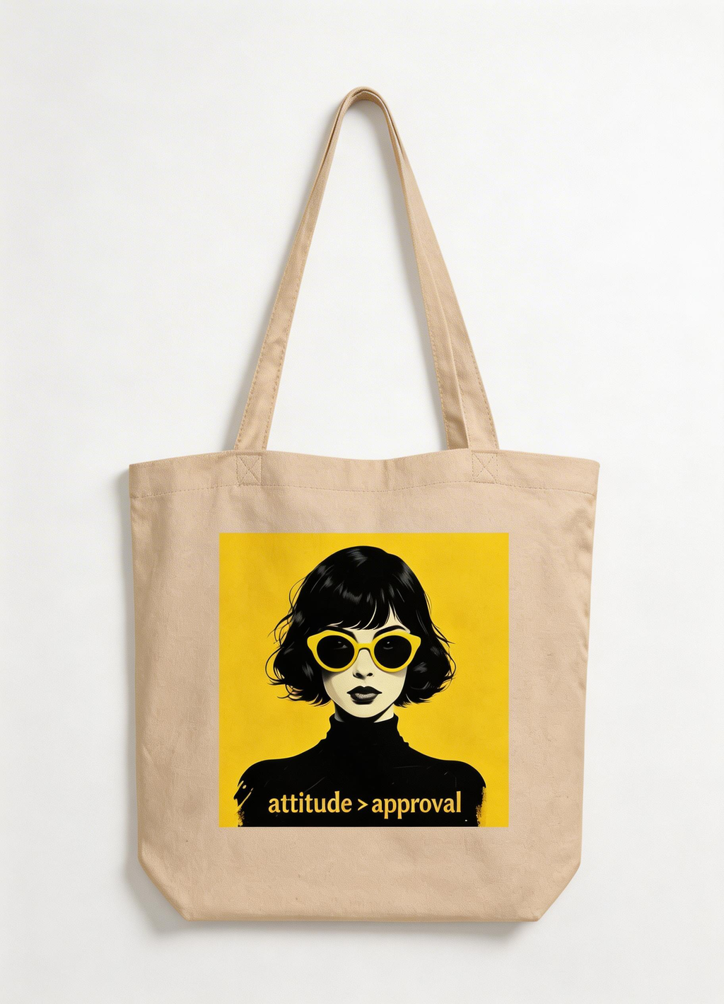 product front view beige oversized eco tote bag woman portrait graphic yellow aesthetic streetwear tote bag