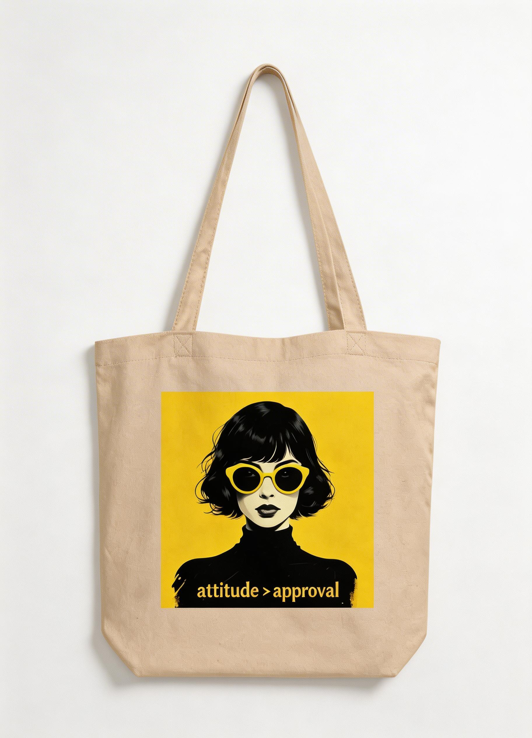 product front view beige oversized eco tote bag woman portrait graphic yellow aesthetic streetwear tote bag