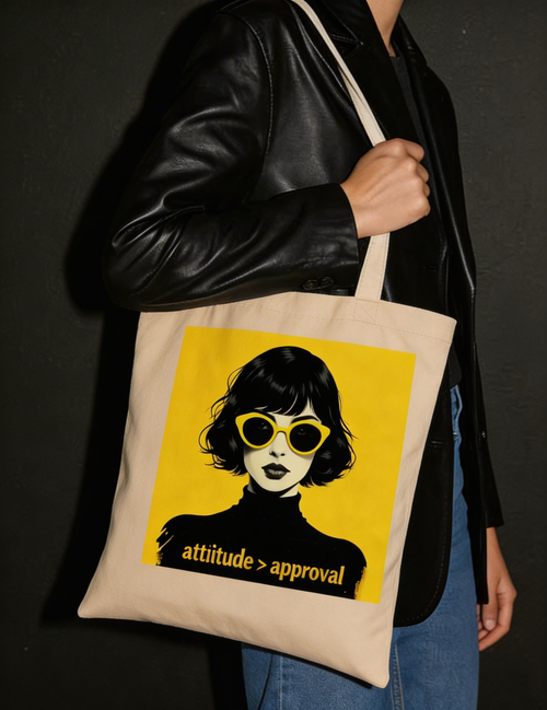 model side view wearing beige eco tote bag woman graphic yellow background urban streetwear outfit accessory