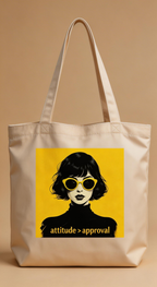 product front view beige eco tote bag woman graphic attitude approval design minimalist streetwear tote bag