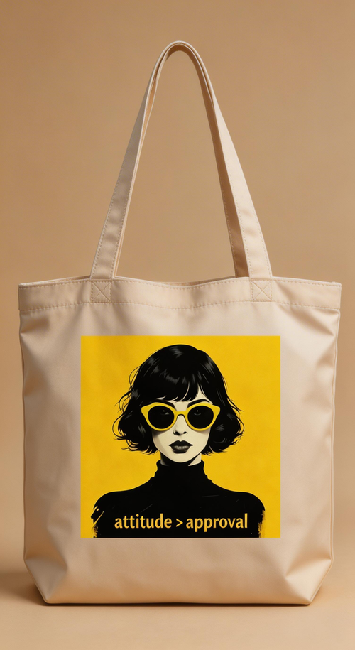 product front view beige eco tote bag woman graphic attitude approval design minimalist streetwear tote bag