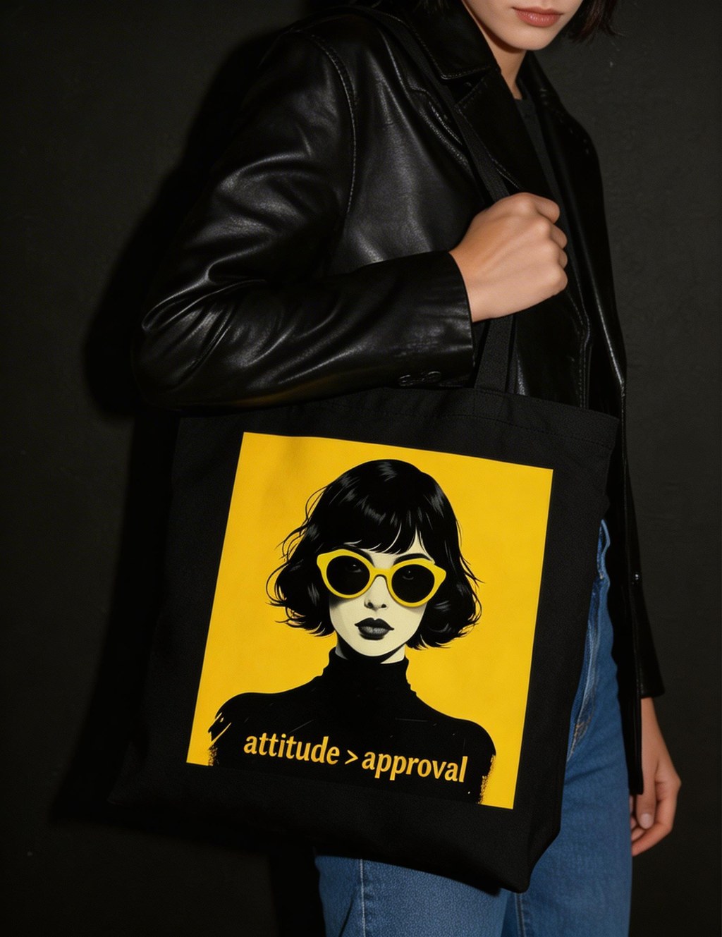 model side view wearing black oversized eco tote bag woman graphic yellow background attitude approval streetwear outfit