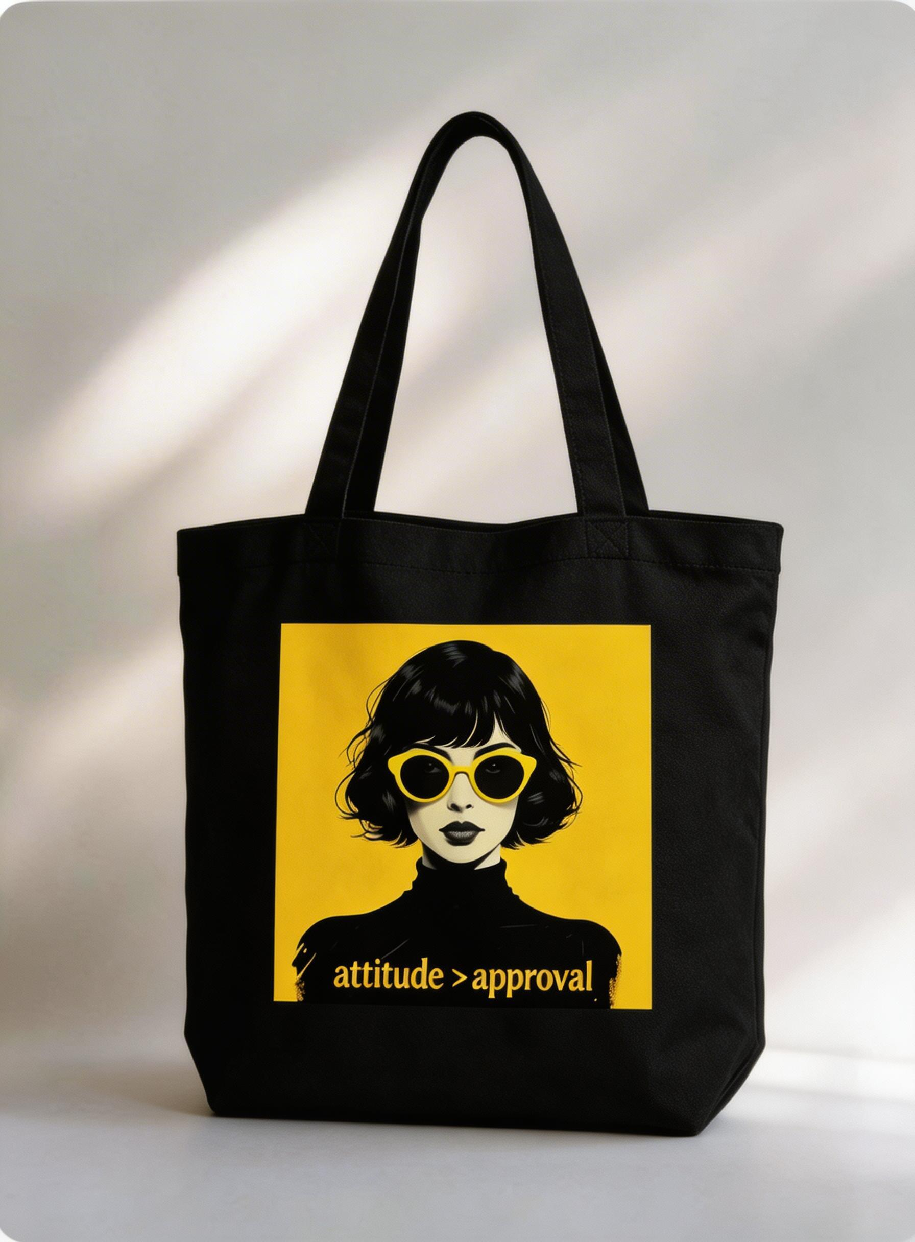 product front view black oversized eco tote bag woman graphic yellow background minimalist streetwear tote bag