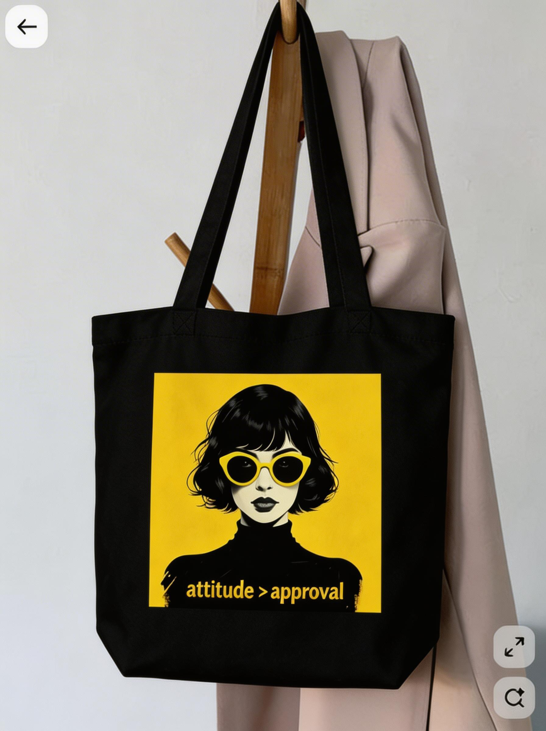black eco tote bag hanging view woman graphic yellow background attitude approval design urban streetwear accessory