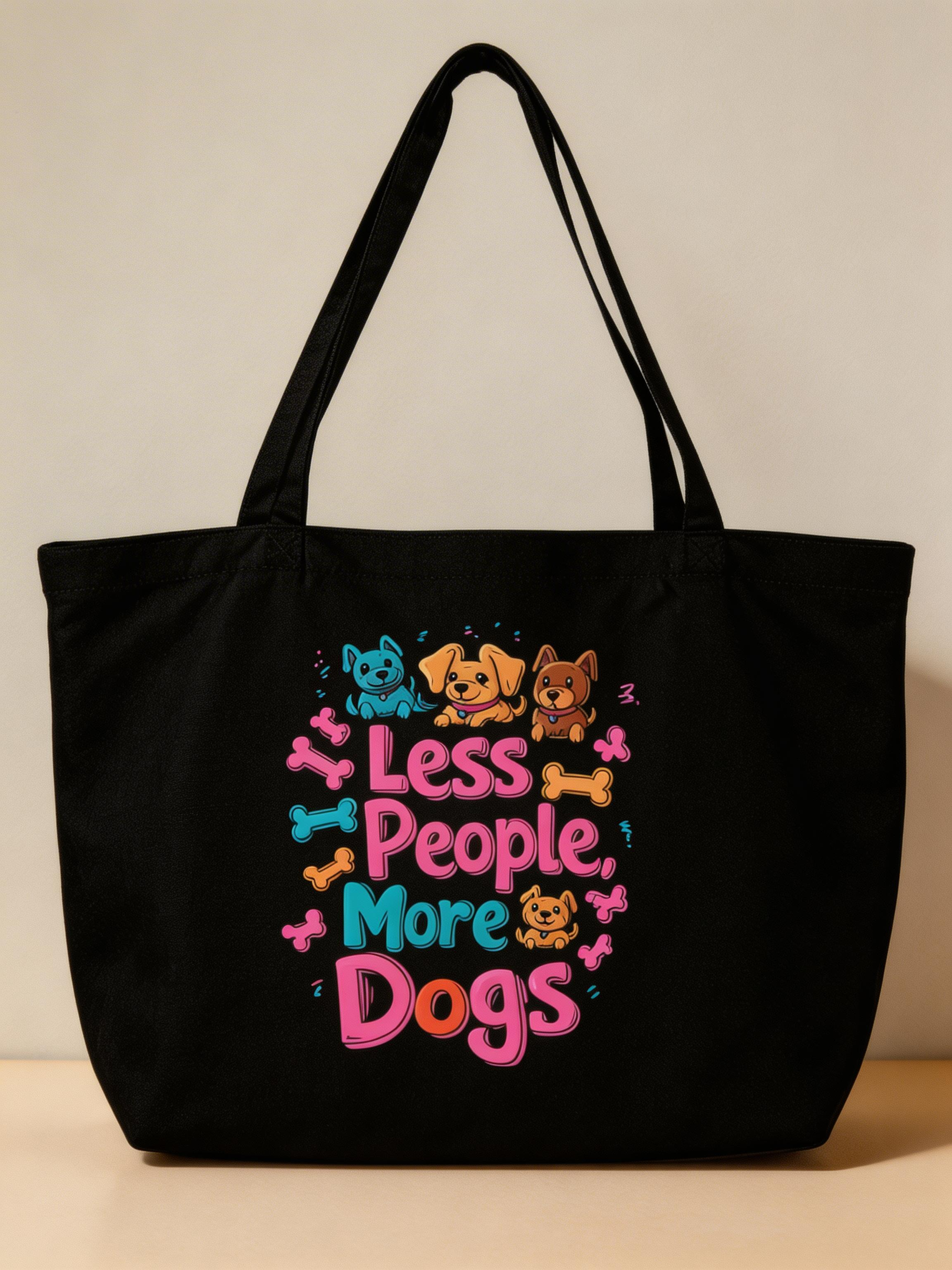 product front view black oversized tote bag colorful dogs graphic less people more dogs streetwear accessory
