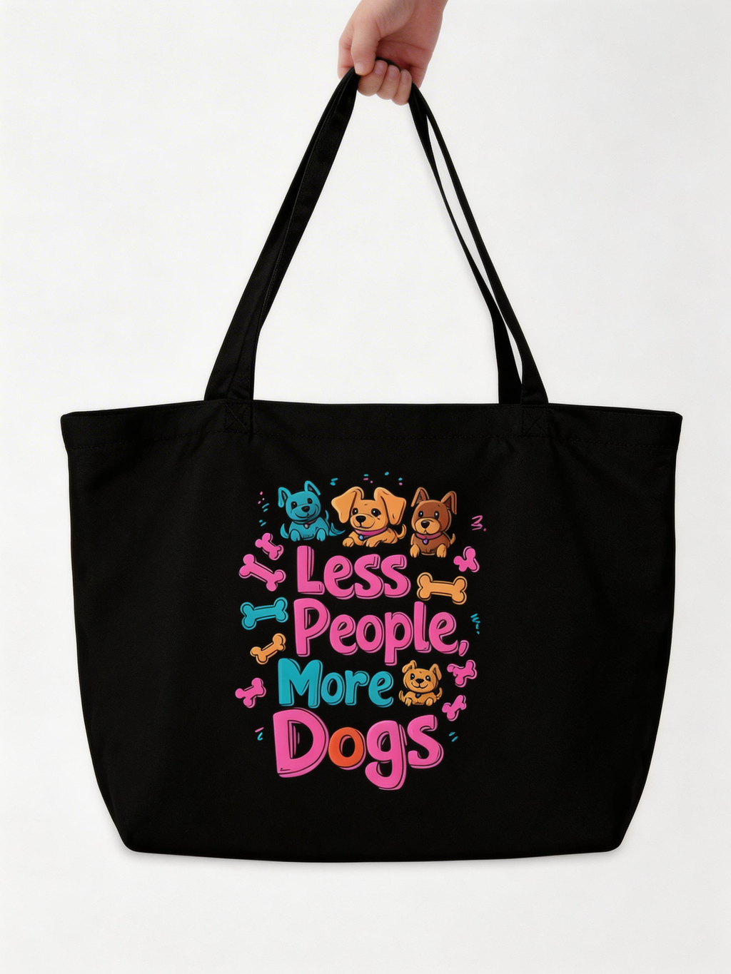 hand holding black oversized tote bag dogs graphic less people more dogs casual streetwear style